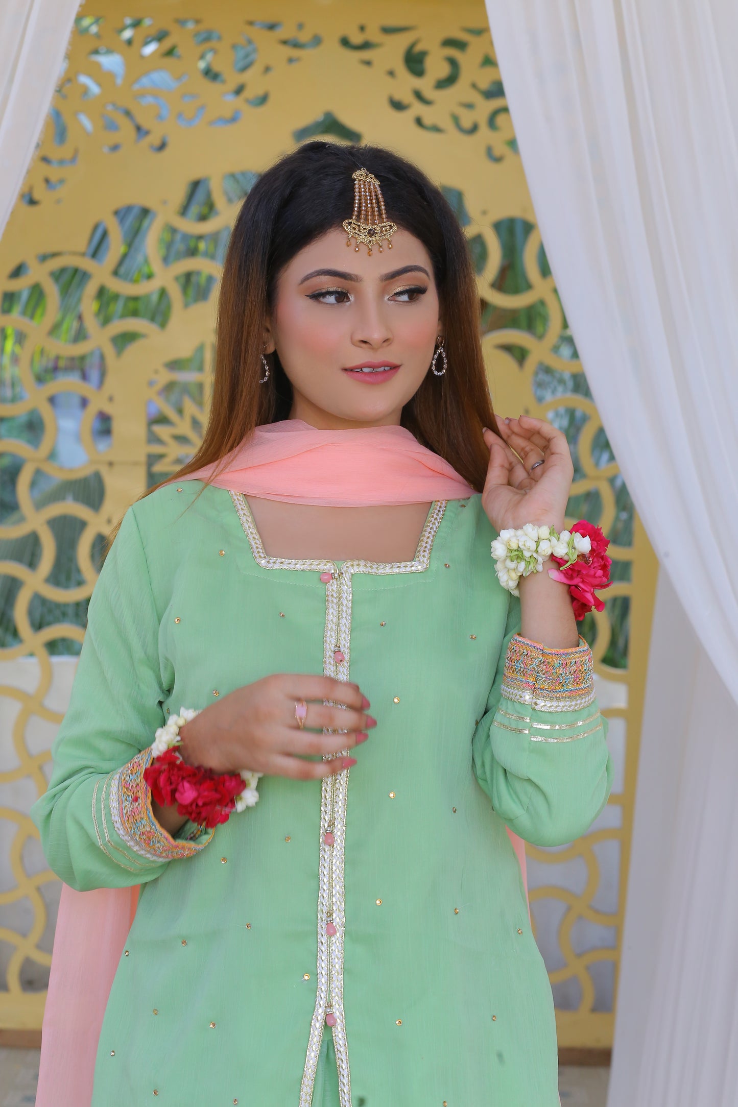 3 piece Pistachio Green Chiffon Lehenga Suit with Baby Pink Chiffon Dupatta & Multicolor & Golden Laces .(Stitch)