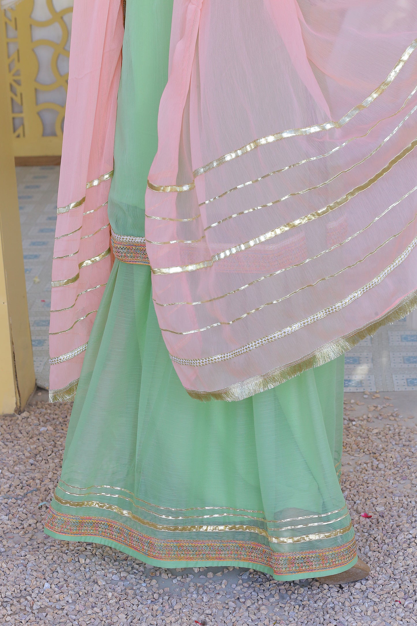 3 piece Pistachio Green Chiffon Lehenga Suit with Baby Pink Chiffon Dupatta & Multicolor & Golden Laces .(Stitch)