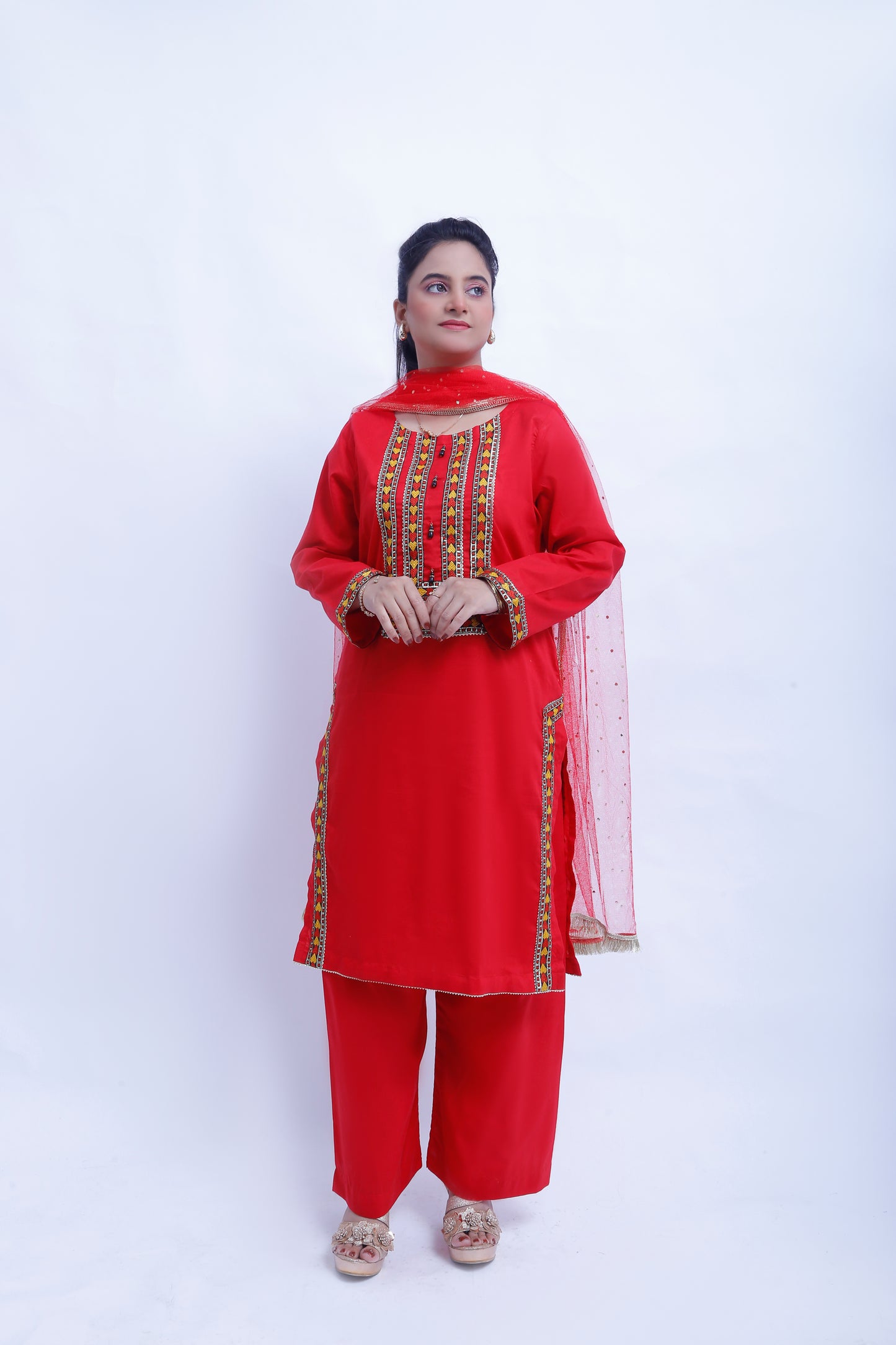 3 piece Stunning Red Cotton Plazo Suit with Beautiful Multicolor & Golden Laces & Red chan net Dupatta. (Stitch)