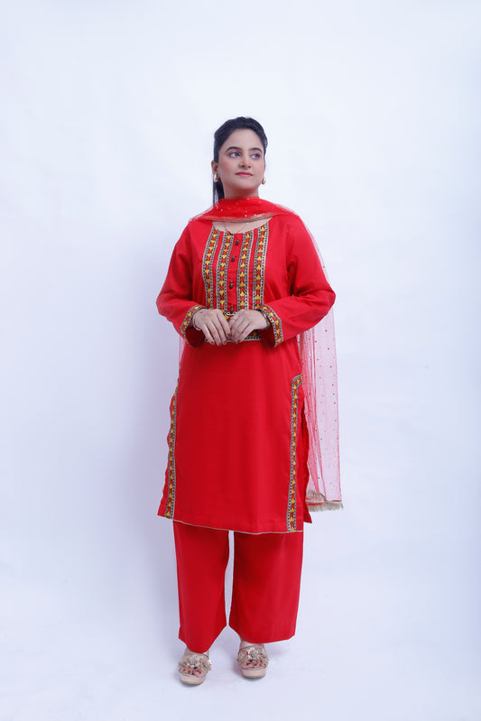 3 piece Stunning Red Cotton Plazo Suit with Beautiful Multicolor & Golden Laces & Red chan net Dupatta. (Stitch)
