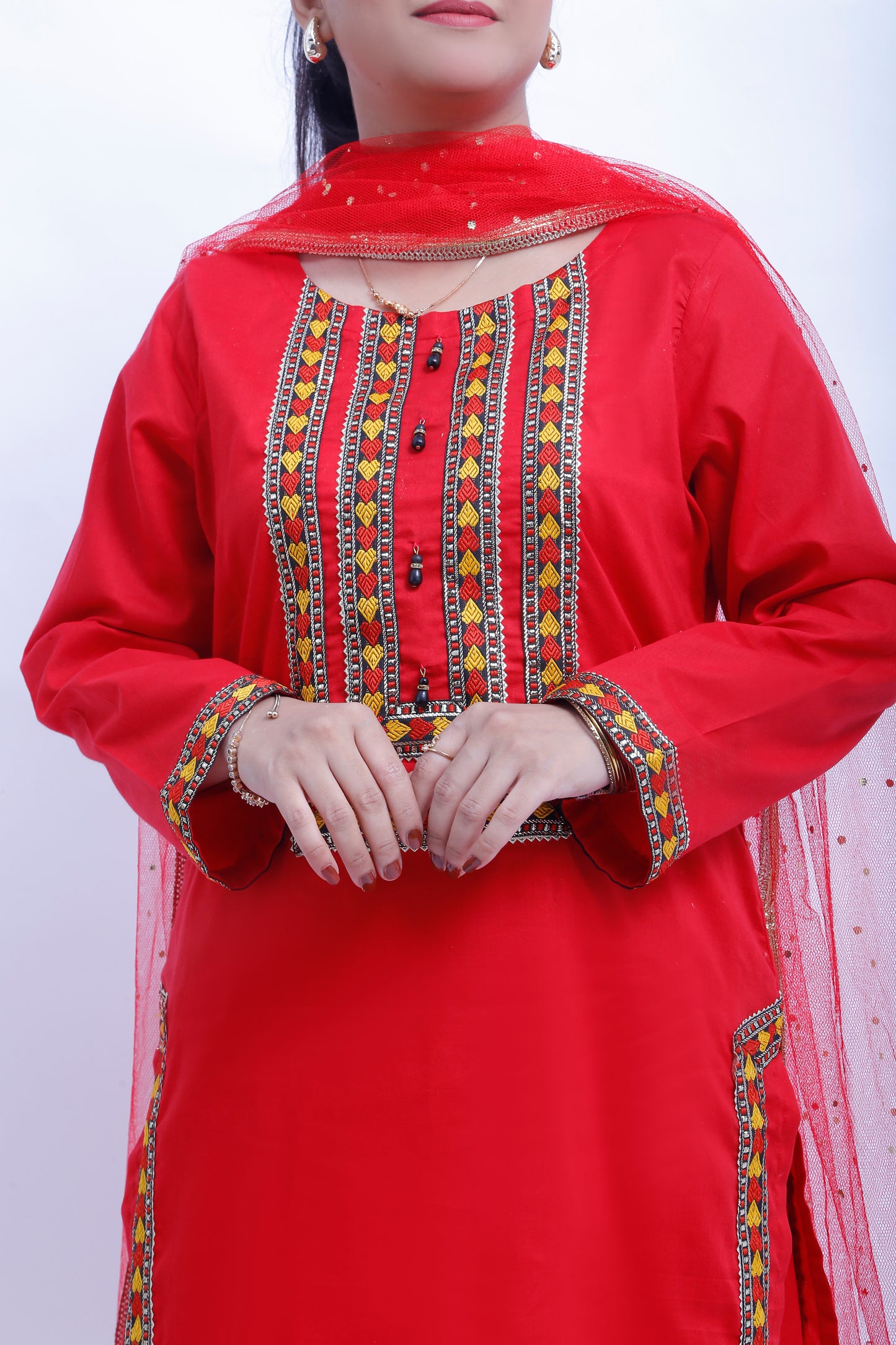 3 piece Stunning Red Cotton Plazo Suit with Beautiful Multicolor & Golden Laces & Red chan net Dupatta. (Stitch)