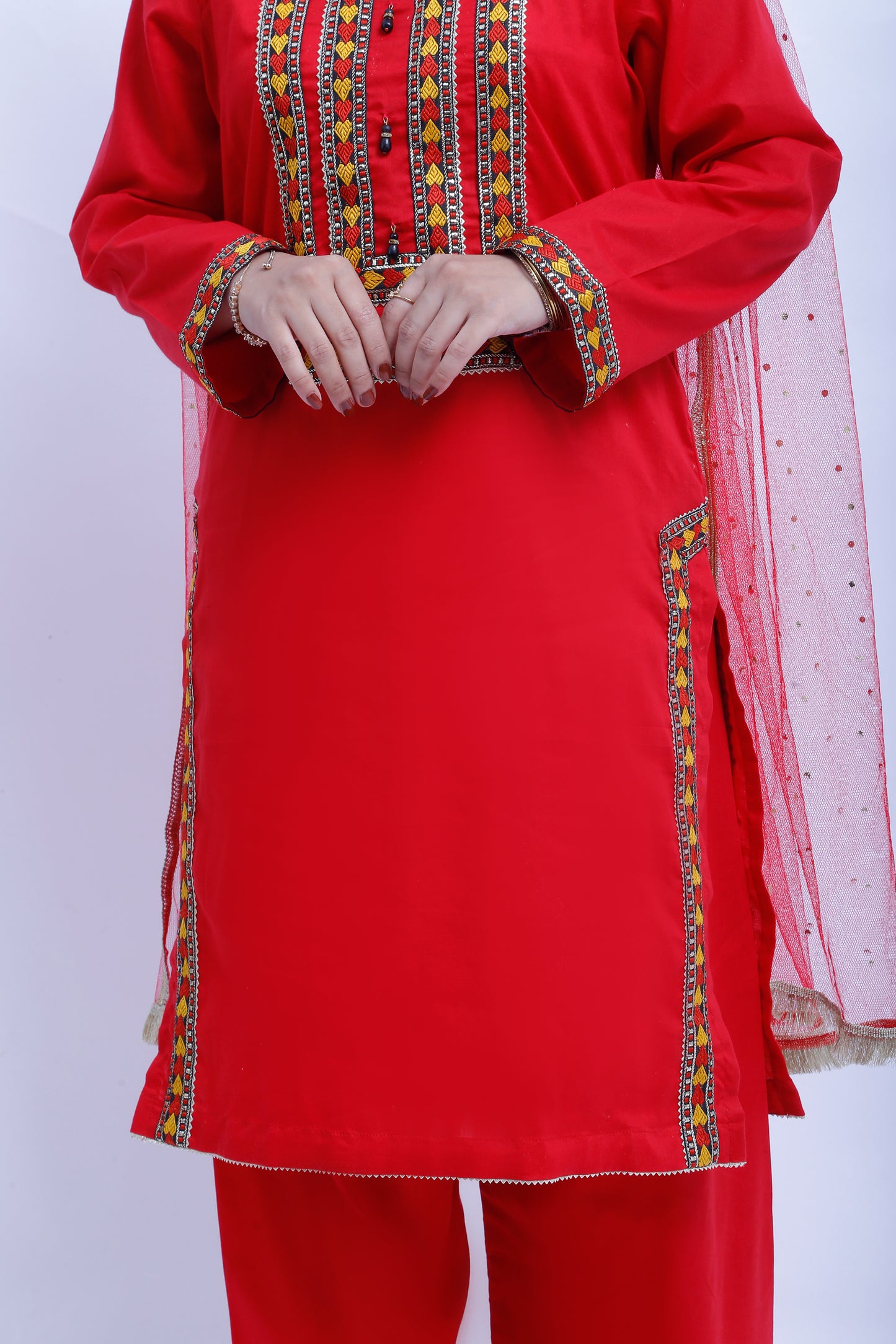 3 piece Stunning Red Cotton Plazo Suit with Beautiful Multicolor & Golden Laces & Red chan net Dupatta. (Stitch)