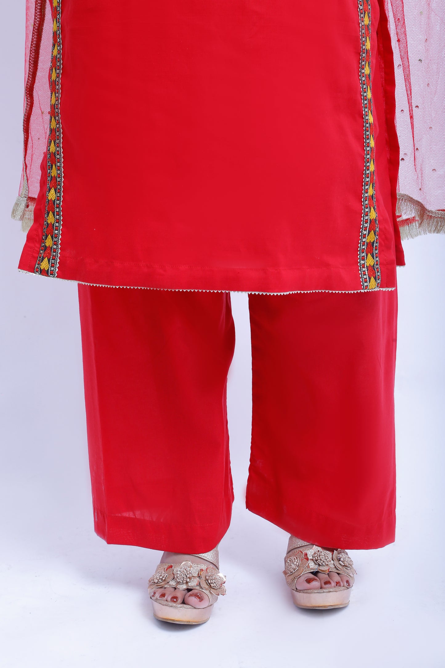 3 piece Stunning Red Cotton Plazo Suit with Beautiful Multicolor & Golden Laces & Red chan net Dupatta. (Stitch)