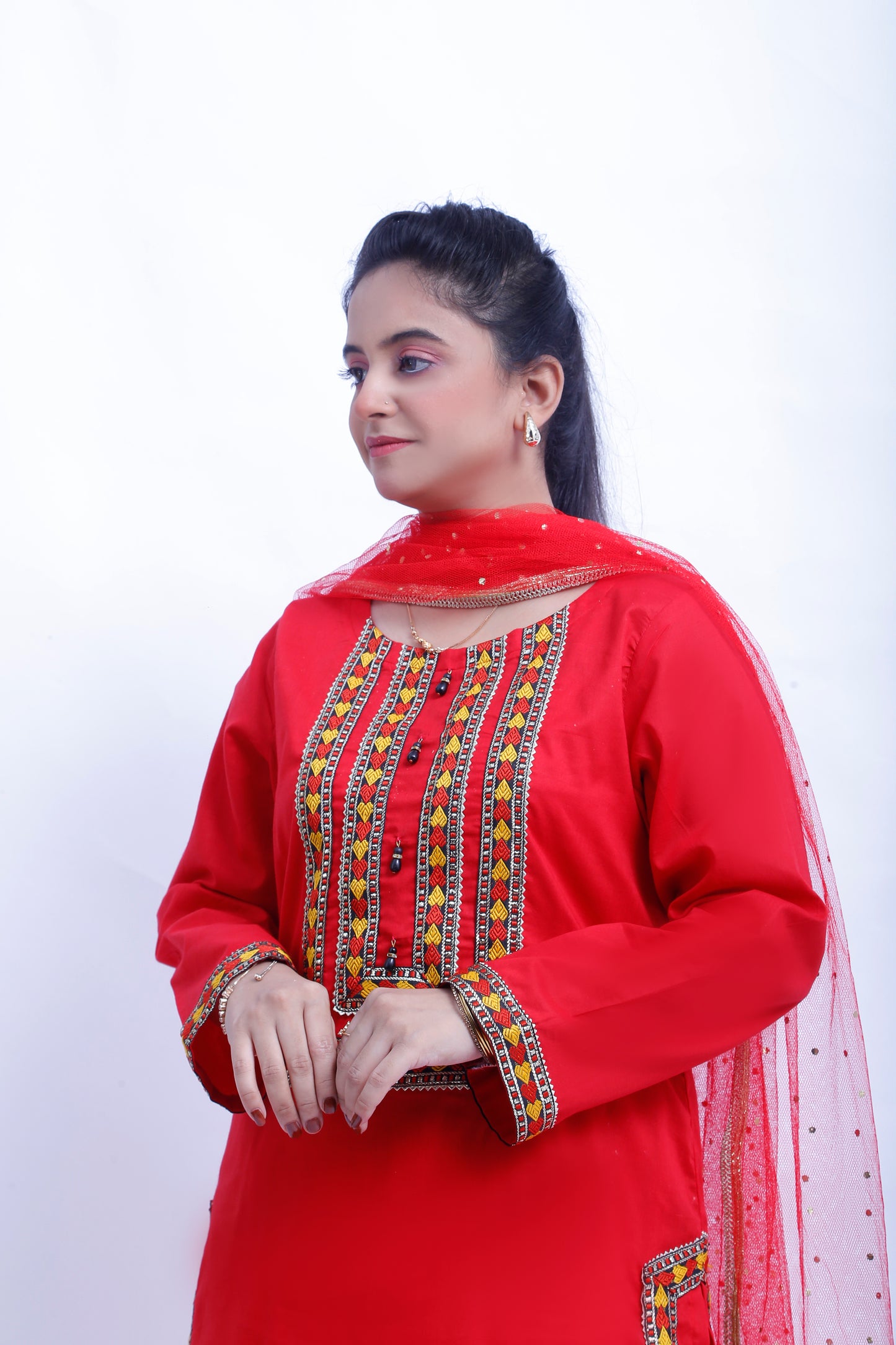 3 piece Stunning Red Cotton Plazo Suit with Beautiful Multicolor & Golden Laces & Red chan net Dupatta. (Stitch)