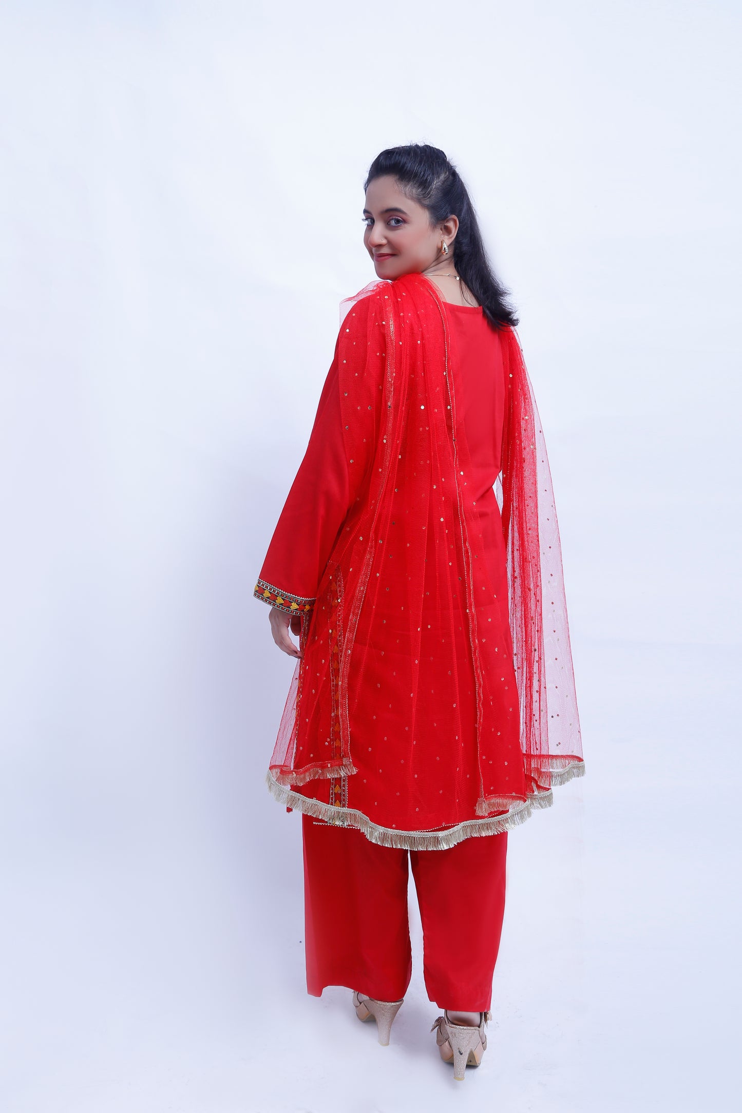 3 piece Stunning Red Cotton Plazo Suit with Beautiful Multicolor & Golden Laces & Red chan net Dupatta. (Stitch)