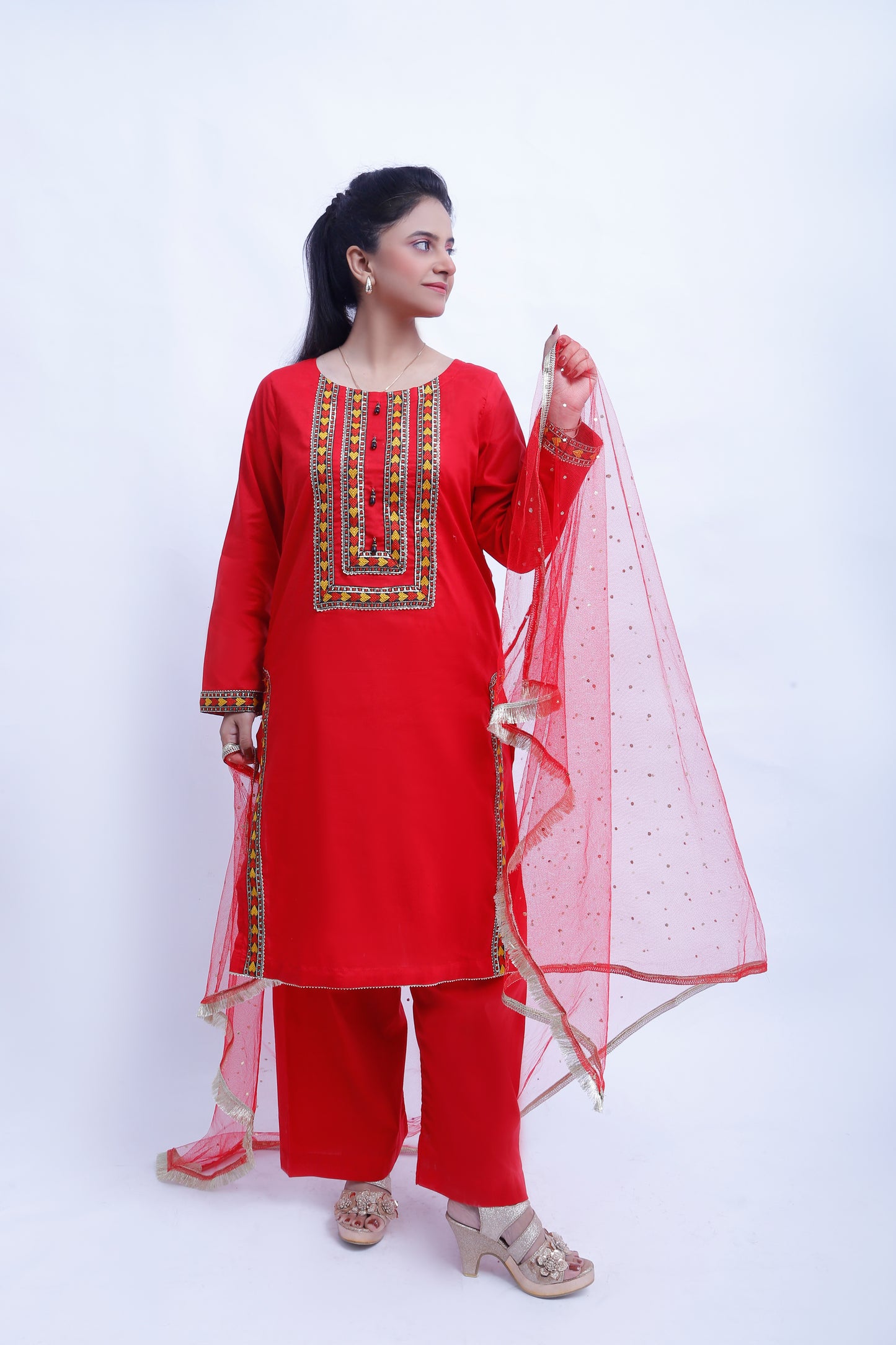 3 piece Stunning Red Cotton Plazo Suit with Beautiful Multicolor & Golden Laces & Red chan net Dupatta. (Stitch)