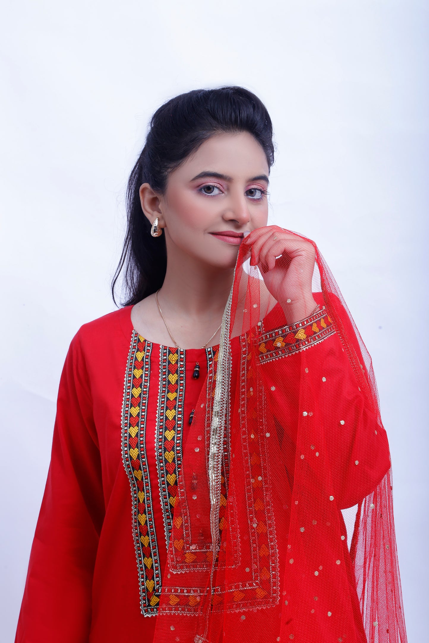 3 piece Stunning Red Cotton Plazo Suit with Beautiful Multicolor & Golden Laces & Red chan net Dupatta. (Stitch)