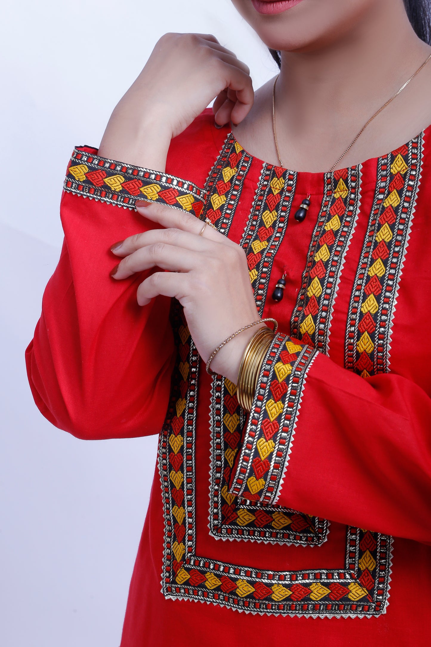 3 piece Stunning Red Cotton Plazo Suit with Beautiful Multicolor & Golden Laces & Red chan net Dupatta. (Stitch)