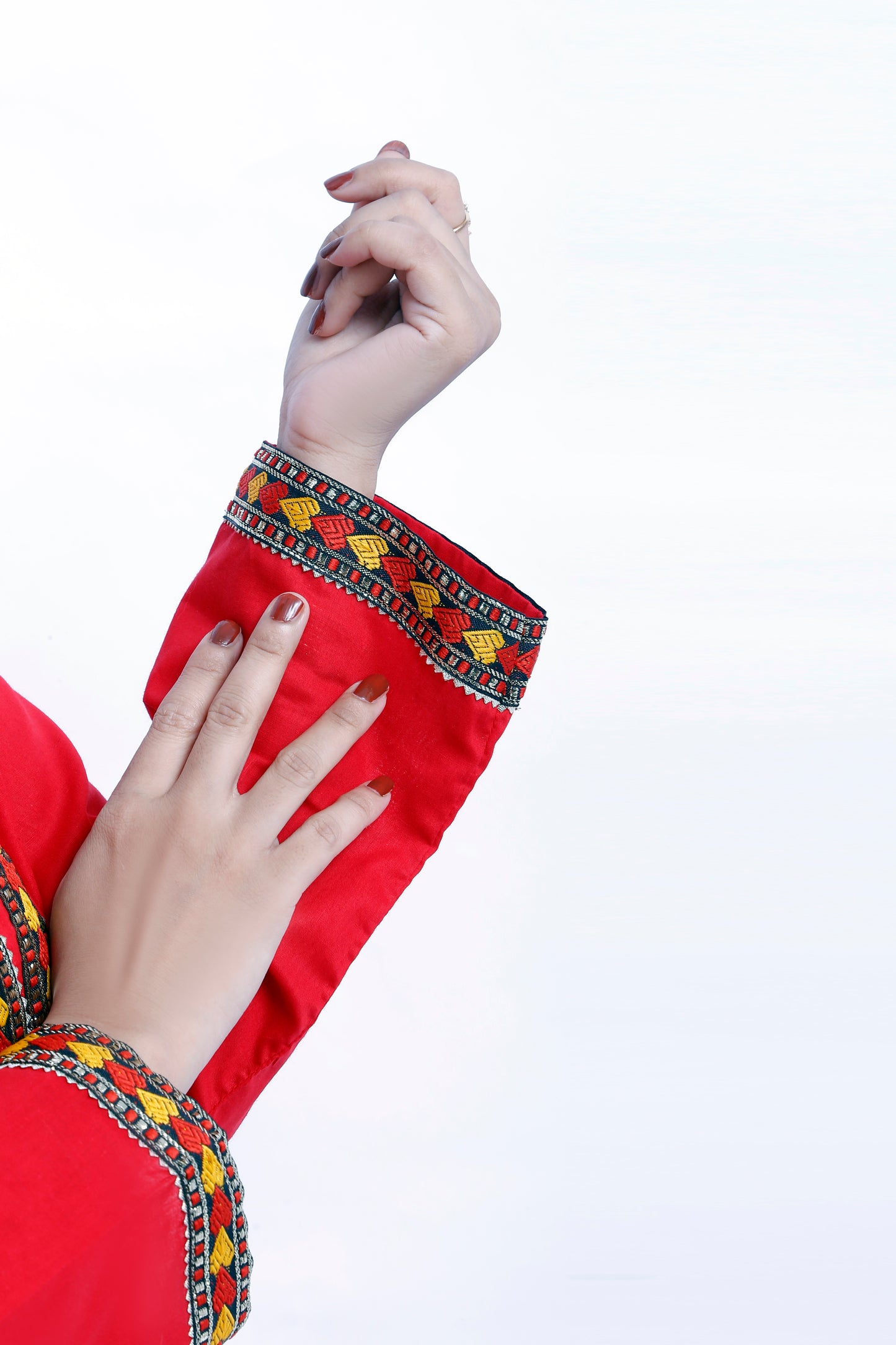 3 piece Stunning Red Cotton Plazo Suit with Beautiful Multicolor & Golden Laces & Red chan net Dupatta. (Stitch)