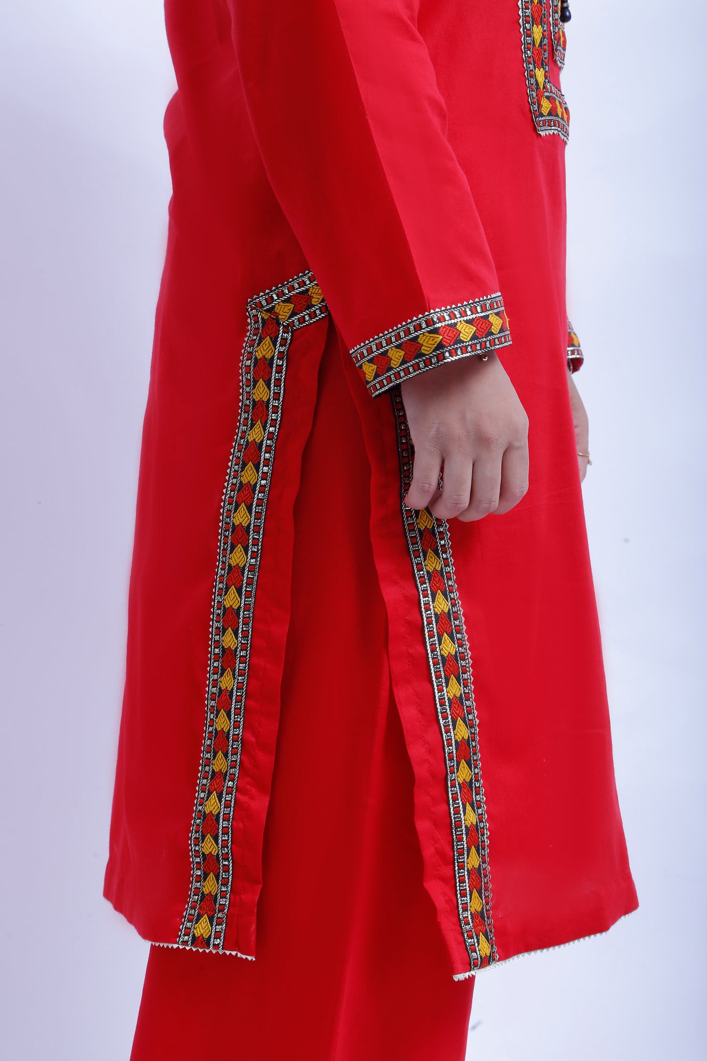 3 piece Stunning Red Cotton Plazo Suit with Beautiful Multicolor & Golden Laces & Red chan net Dupatta. (Stitch)