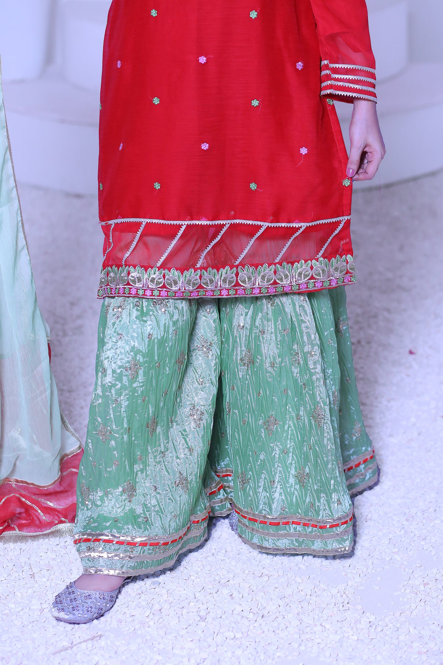 3 piece Beautiful Reddish Maroon Chiffon Embroidery Gharara Suit with Pistachio Green Embroidery Crush Gharara & Pistachio Green Chiffon Dupatta & Golden Laces.(Stitch).
