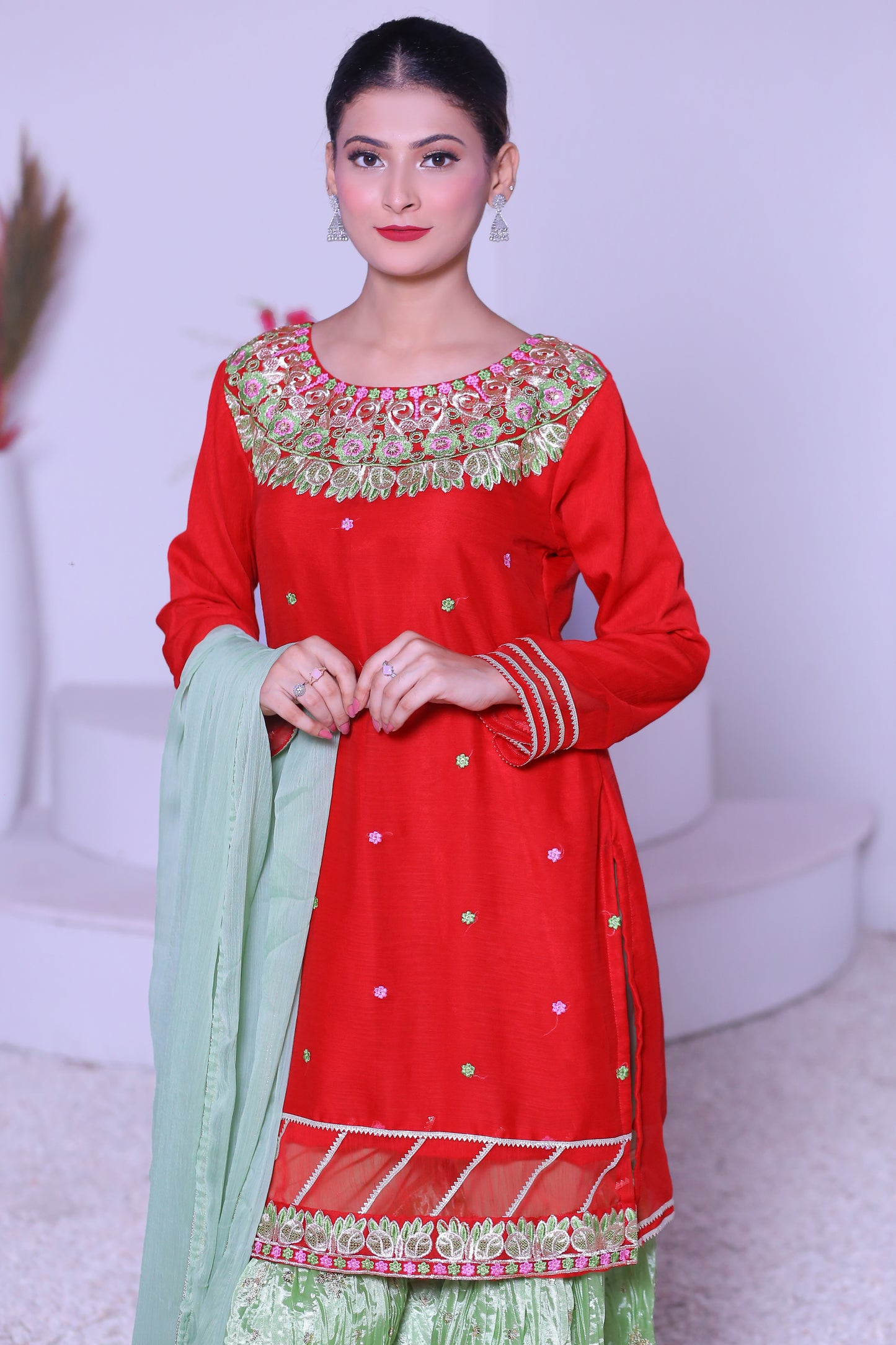3 piece Beautiful Reddish Maroon Chiffon Embroidery Gharara Suit with Pistachio Green Embroidery Crush Gharara & Pistachio Green Chiffon Dupatta & Golden Laces.(Stitch).
