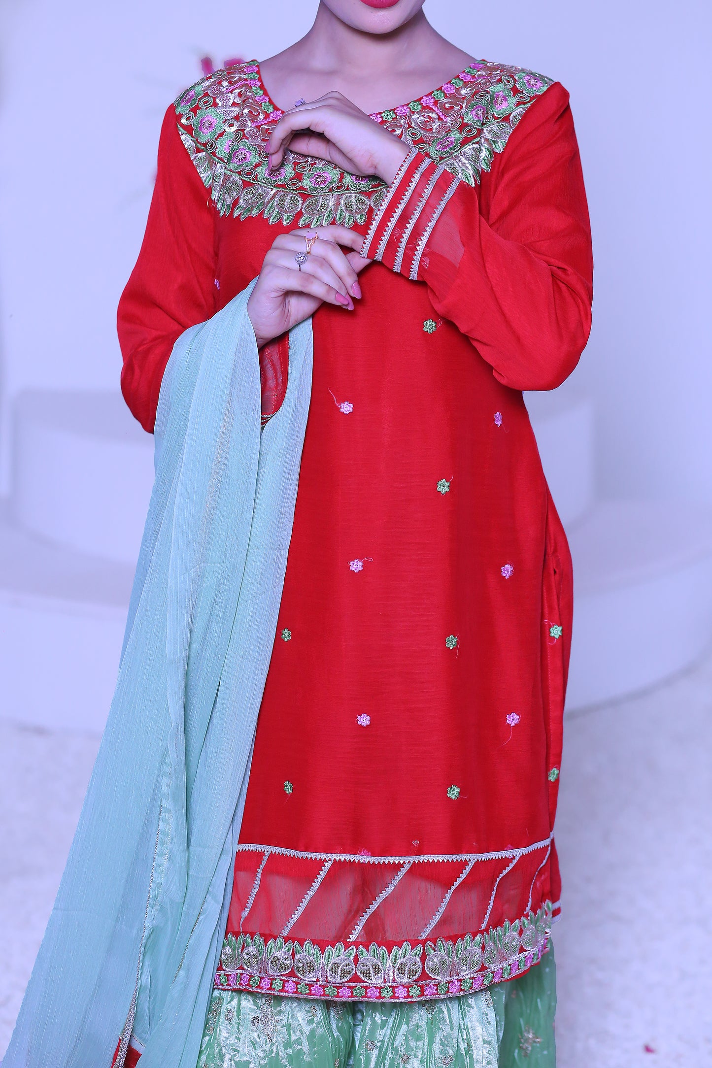 3 piece Beautiful Reddish Maroon Chiffon Embroidery Gharara Suit with Pistachio Green Embroidery Crush Gharara & Pistachio Green Chiffon Dupatta & Golden Laces.(Stitch).