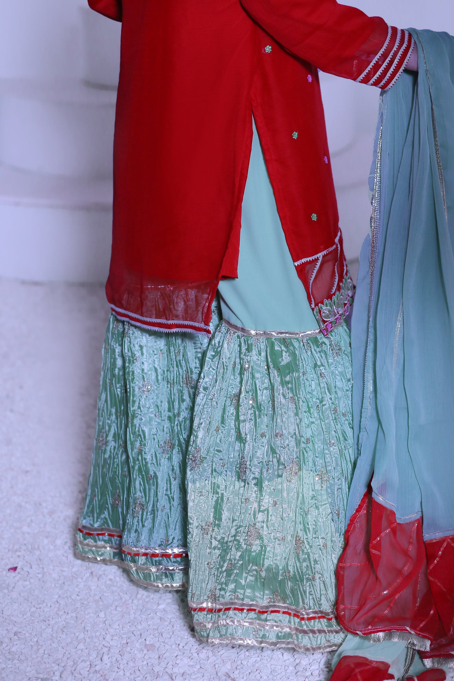 3 piece Beautiful Reddish Maroon Chiffon Embroidery Gharara Suit with Pistachio Green Embroidery Crush Gharara & Pistachio Green Chiffon Dupatta & Golden Laces.(Stitch).