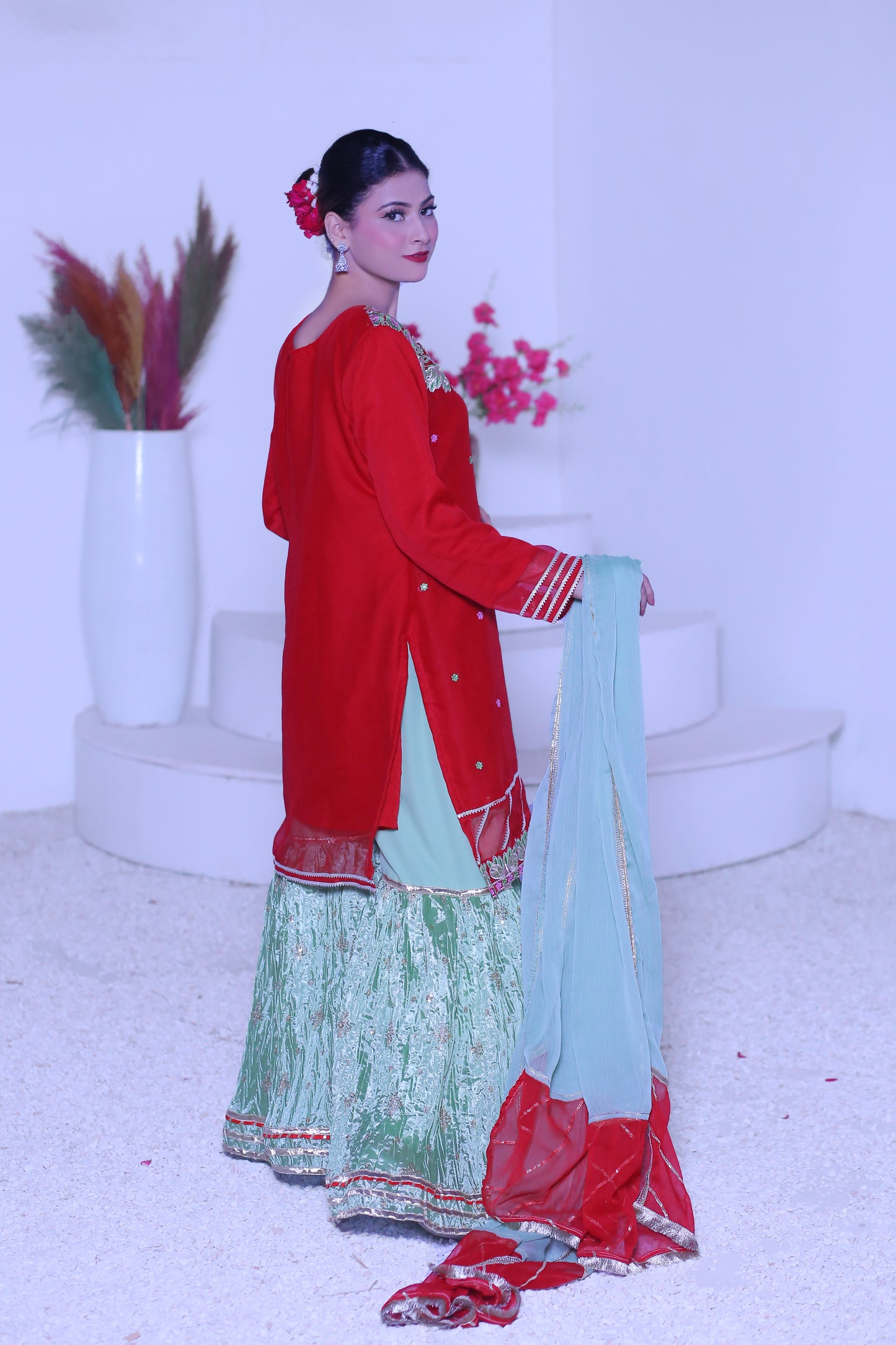 3 piece Beautiful Reddish Maroon Chiffon Embroidery Gharara Suit with Pistachio Green Embroidery Crush Gharara & Pistachio Green Chiffon Dupatta & Golden Laces.(Stitch).