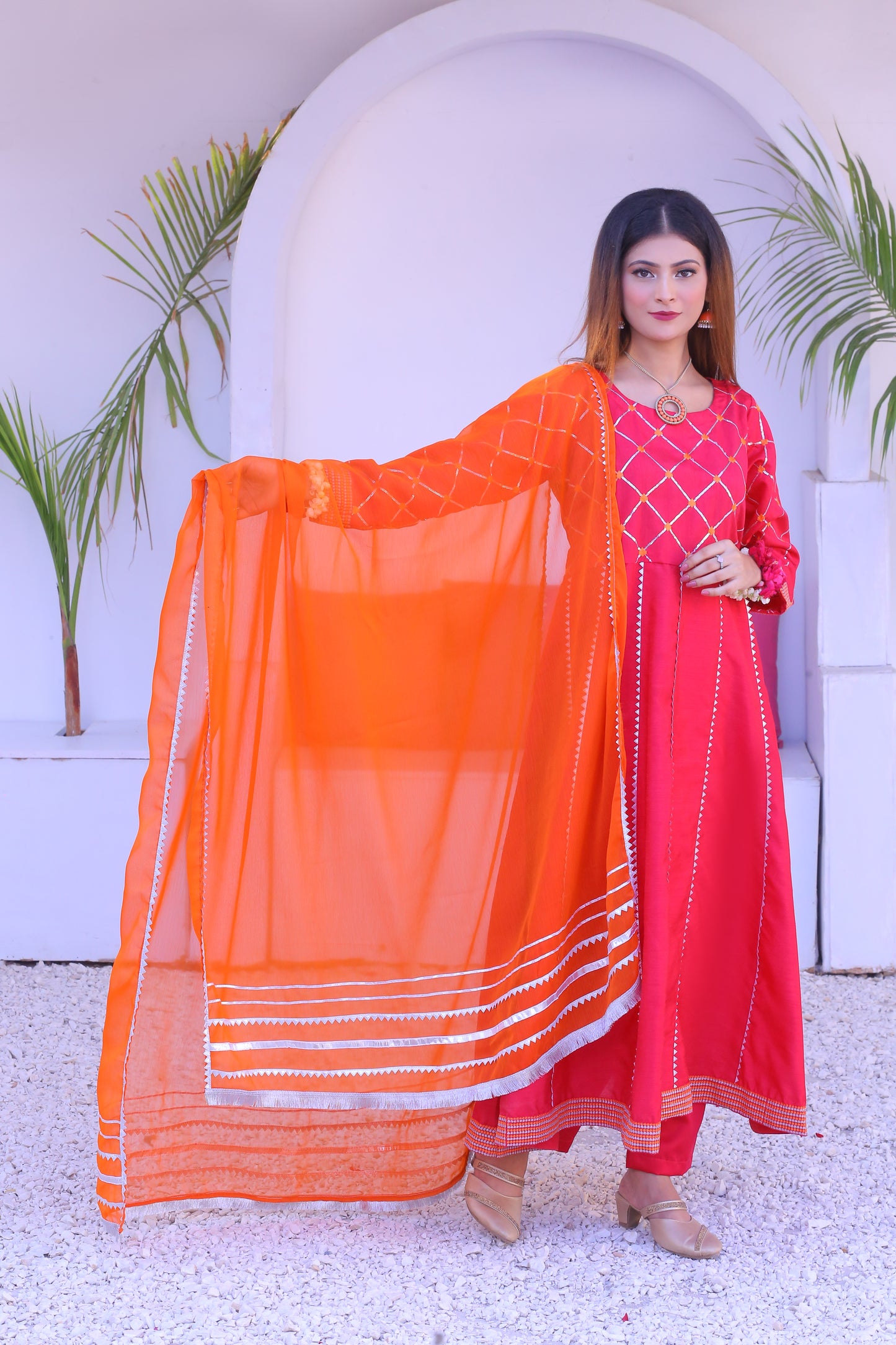 3 piece Shocking Pink Silver Embroidery Raw Silk Frock Suit with Dull Silk Trouser & Orange Chiffon Dupatta & Silver Laces.(Stitch)