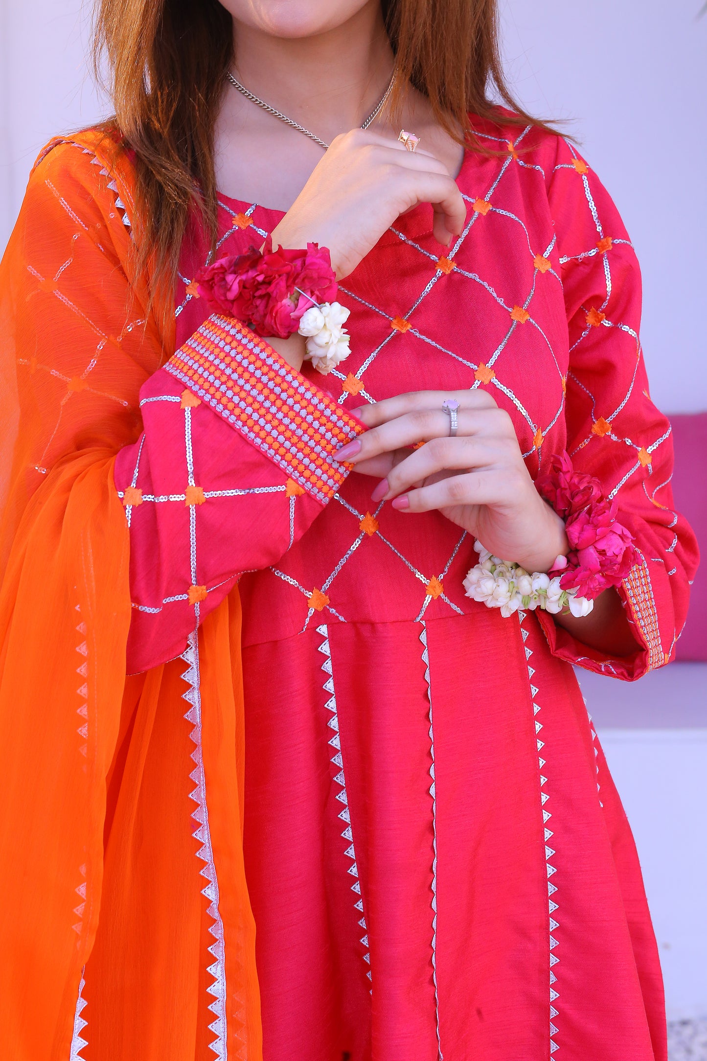 3 piece Shocking Pink Silver Embroidery Raw Silk Frock Suit with Dull Silk Trouser & Orange Chiffon Dupatta & Silver Laces.(Stitch)