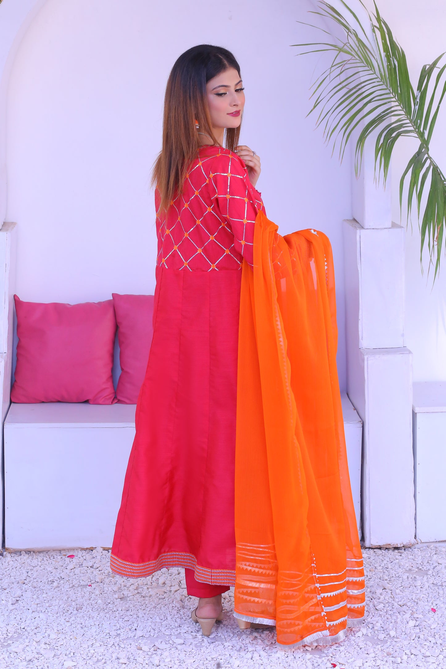 3 piece Shocking Pink Silver Embroidery Raw Silk Frock Suit with Dull Silk Trouser & Orange Chiffon Dupatta & Silver Laces.(Stitch)