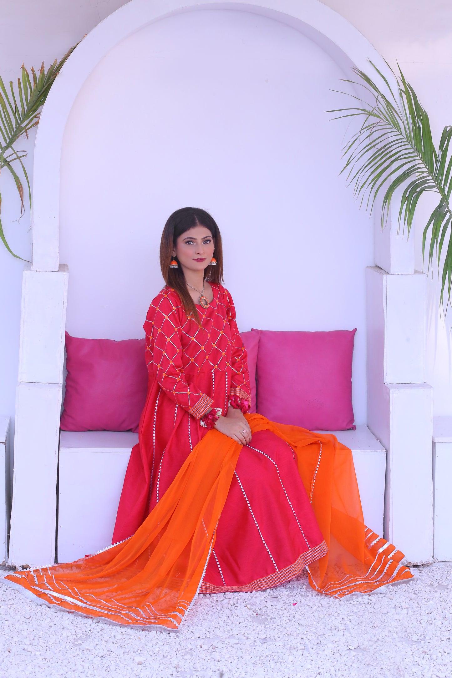3 piece Shocking Pink Silver Embroidery Raw Silk Frock Suit with Dull Silk Trouser & Orange Chiffon Dupatta & Silver Laces.(Stitch)