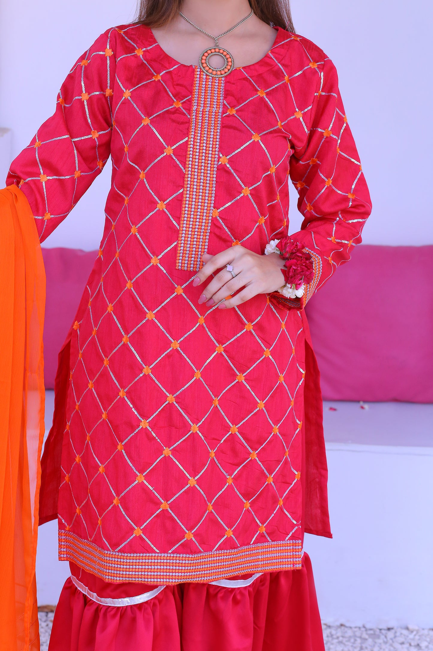 3 piece Stunning Shocking Pink Silver Embroidery Raw Silk Gharara Suit with Orange Chiffon Dupatta & Silver Laces.(Stitch)