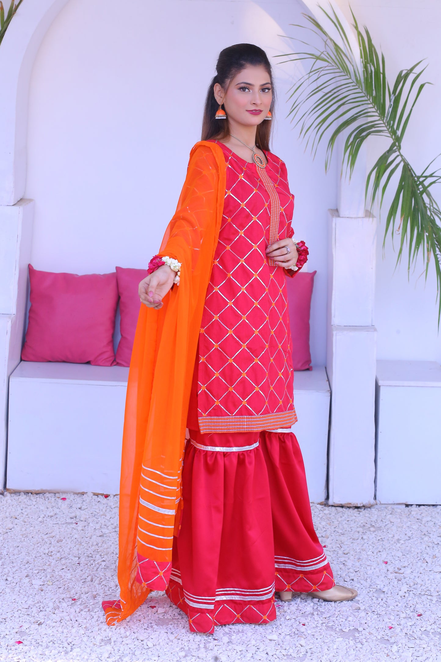 3 piece Stunning Shocking Pink Silver Embroidery Raw Silk Gharara Suit with Orange Chiffon Dupatta & Silver Laces.(Stitch)