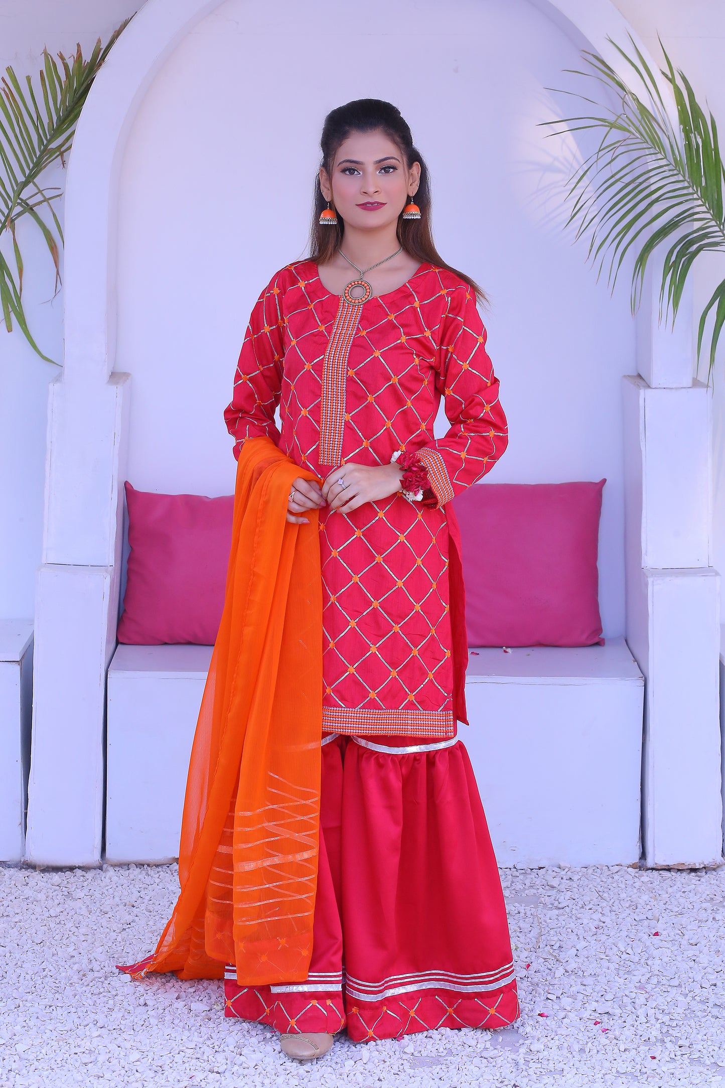 3 piece Stunning Shocking Pink Silver Embroidery Raw Silk Gharara Suit with Orange Chiffon Dupatta & Silver Laces.(Stitch)