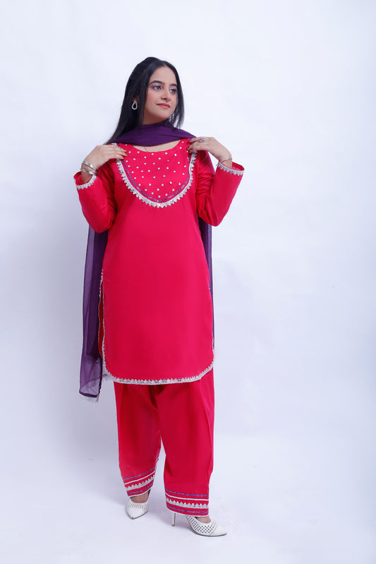 3 piece Elegant Shocking Pink Cotton Plazo Suit with Silver & Purple Laces & Purple Chiffon Dupatta. (Stitch)