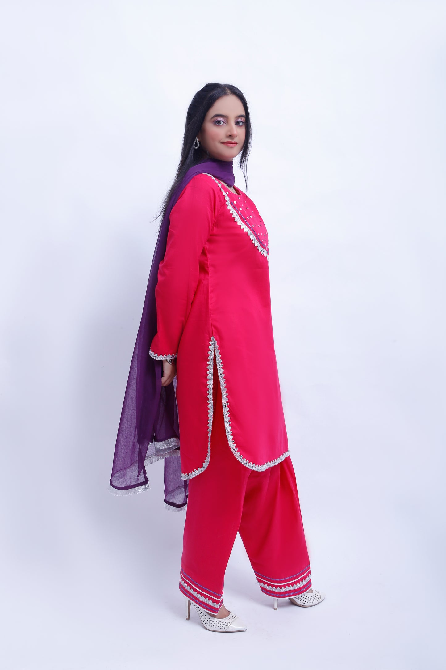 3 piece Elegant Shocking Pink Cotton Plazo Suit with Silver & Purple Laces & Purple Chiffon Dupatta. (Stitch)
