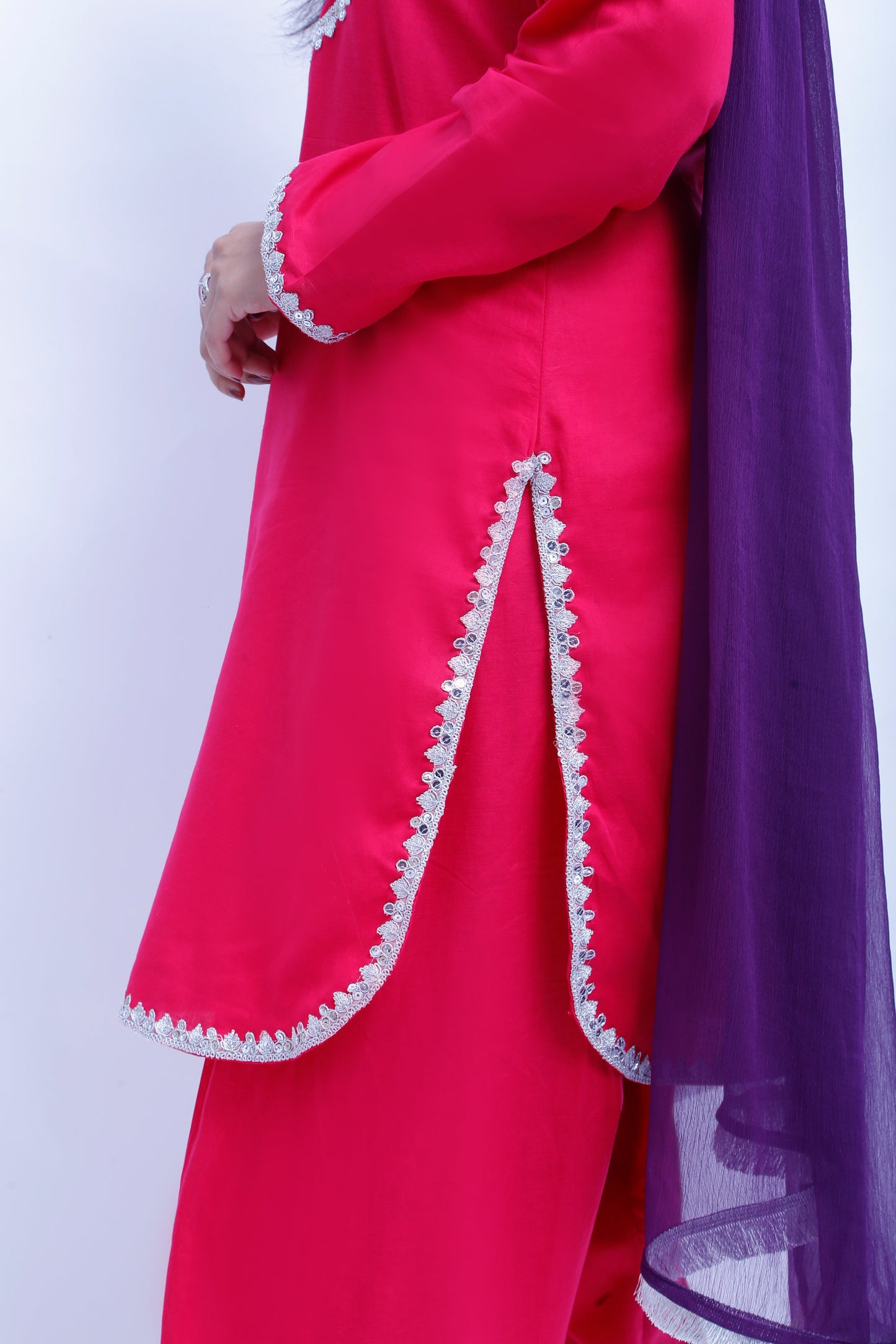 3 piece Elegant Shocking Pink Cotton Plazo Suit with Silver & Purple Laces & Purple Chiffon Dupatta. (Stitch)