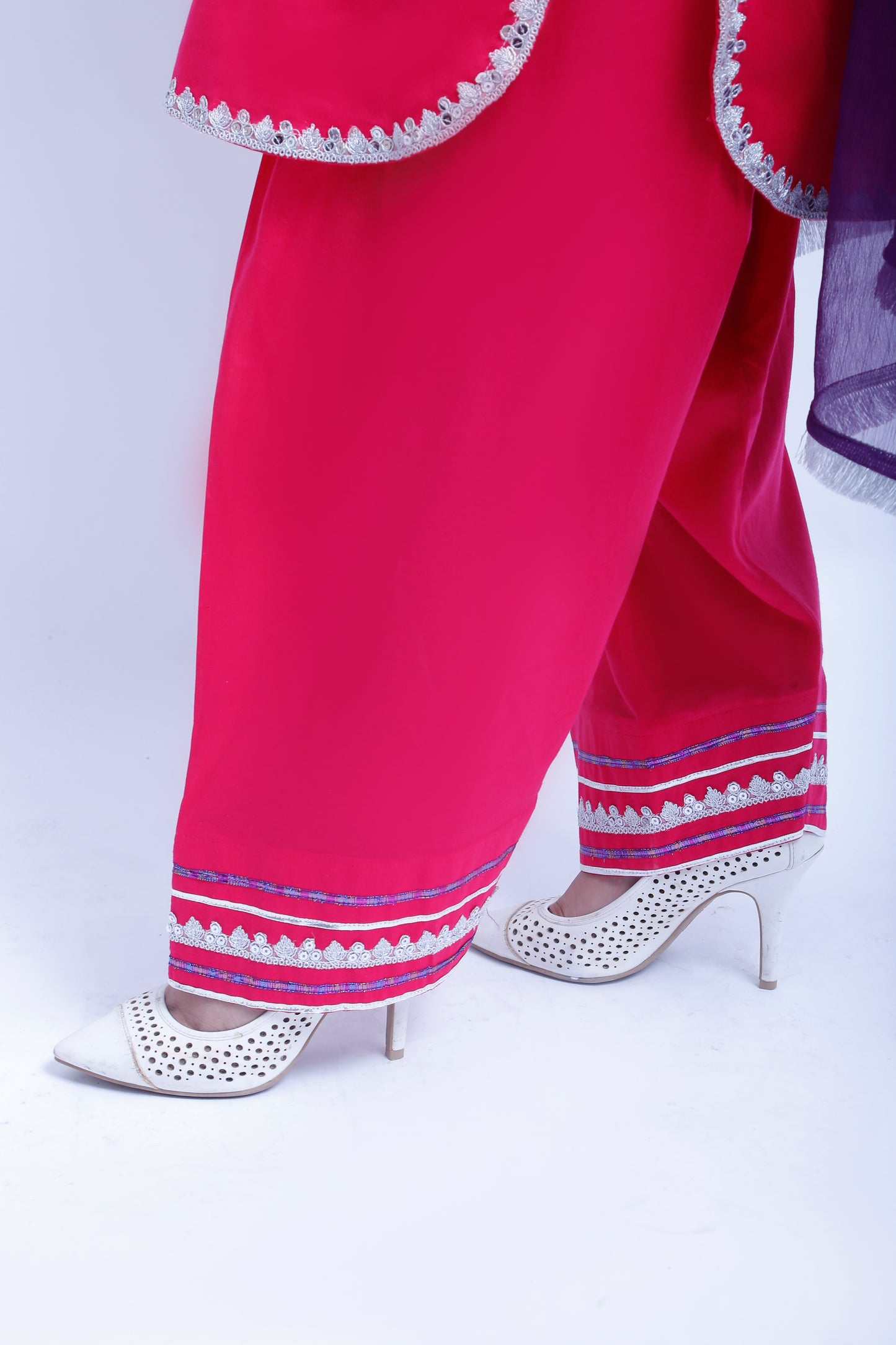 3 piece Elegant Shocking Pink Cotton Plazo Suit with Silver & Purple Laces & Purple Chiffon Dupatta. (Stitch)