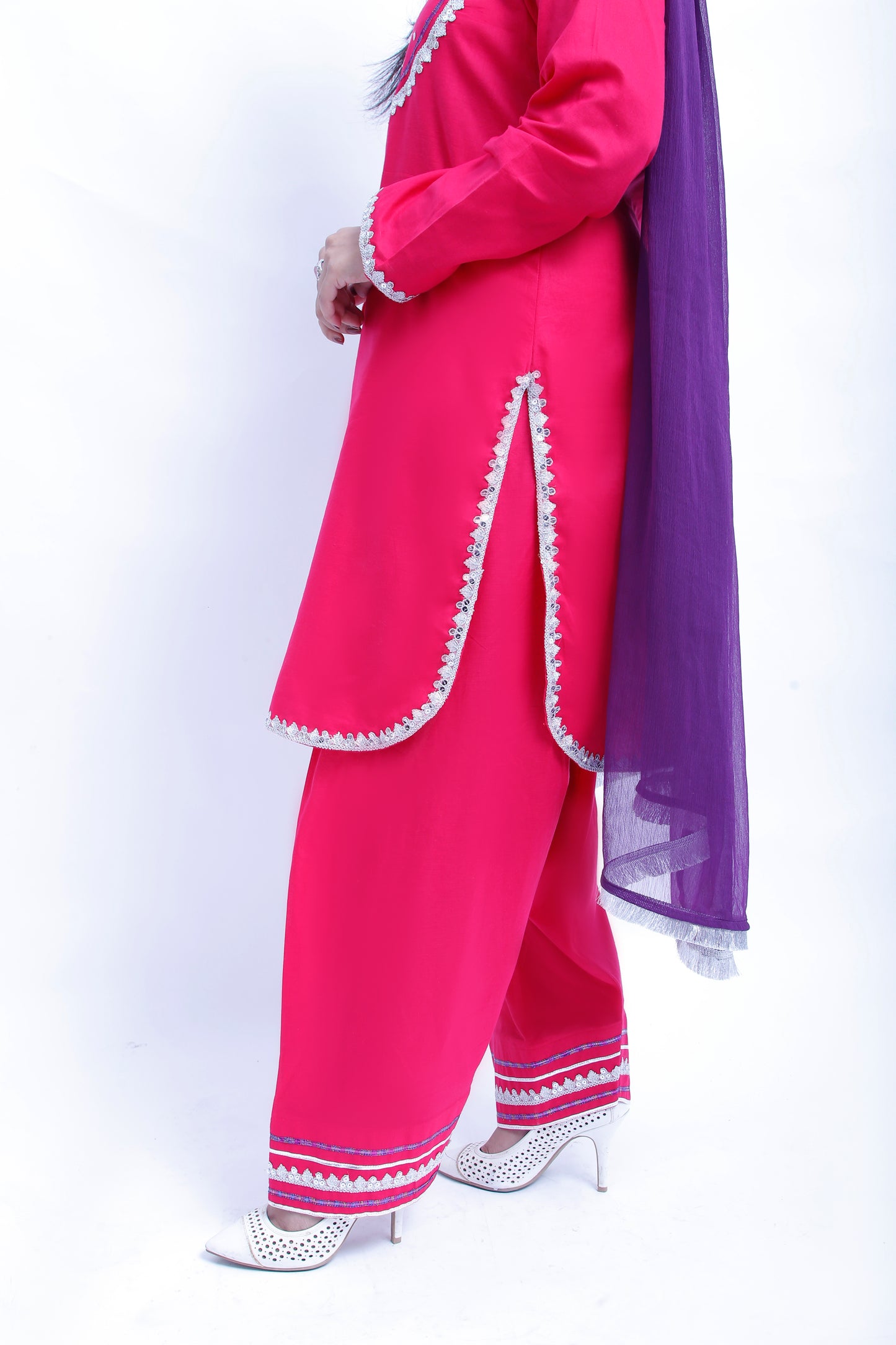 3 piece Elegant Shocking Pink Cotton Plazo Suit with Silver & Purple Laces & Purple Chiffon Dupatta. (Stitch)