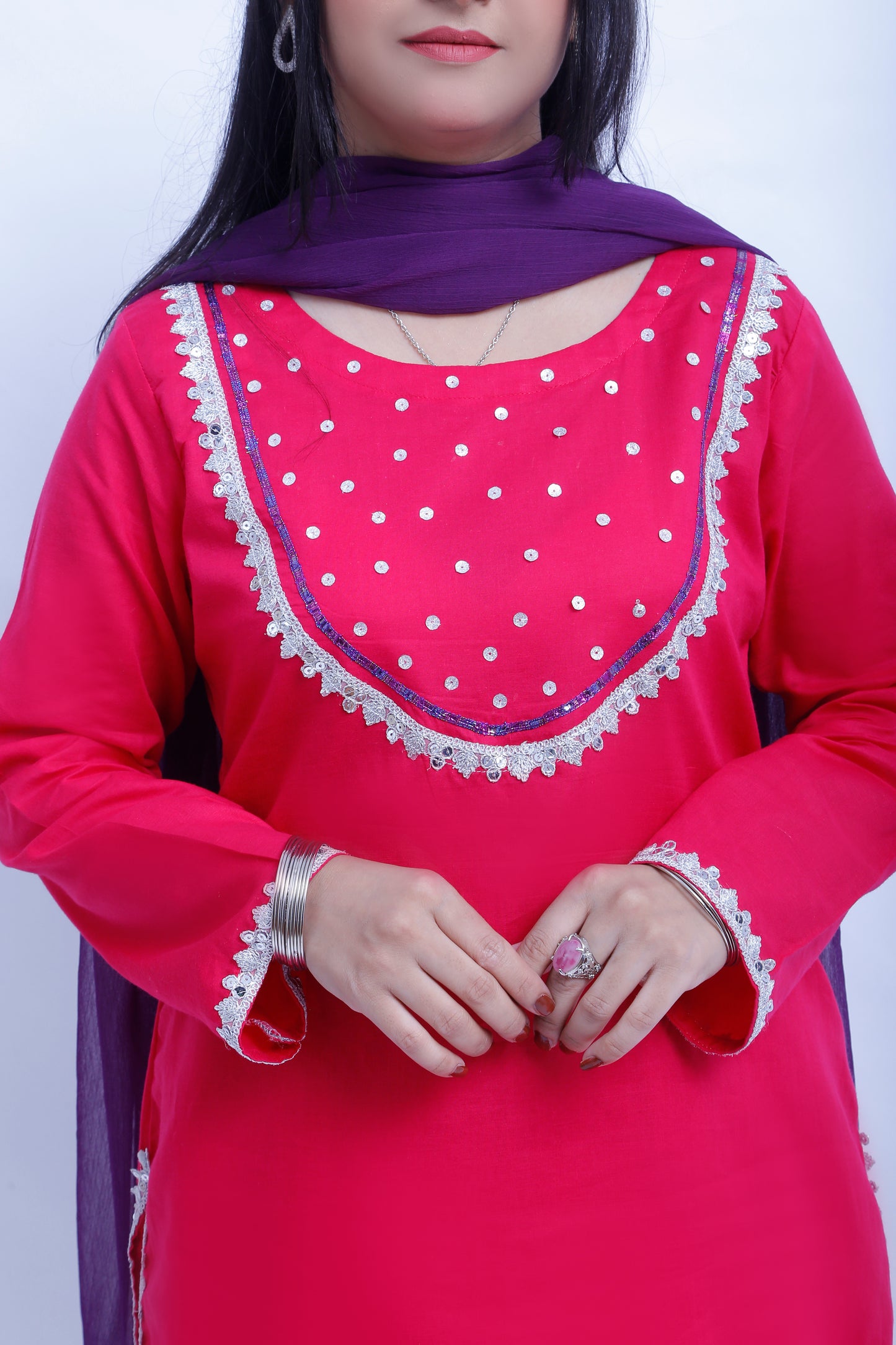 3 piece Elegant Shocking Pink Cotton Plazo Suit with Silver & Purple Laces & Purple Chiffon Dupatta. (Stitch)
