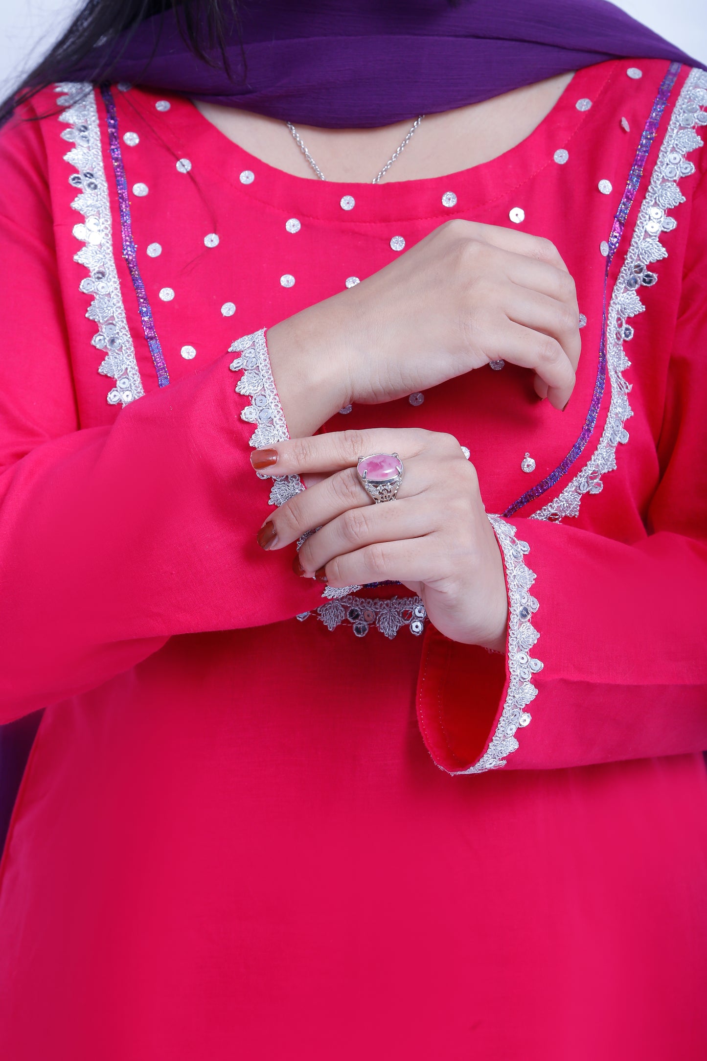 3 piece Elegant Shocking Pink Cotton Plazo Suit with Silver & Purple Laces & Purple Chiffon Dupatta. (Stitch)