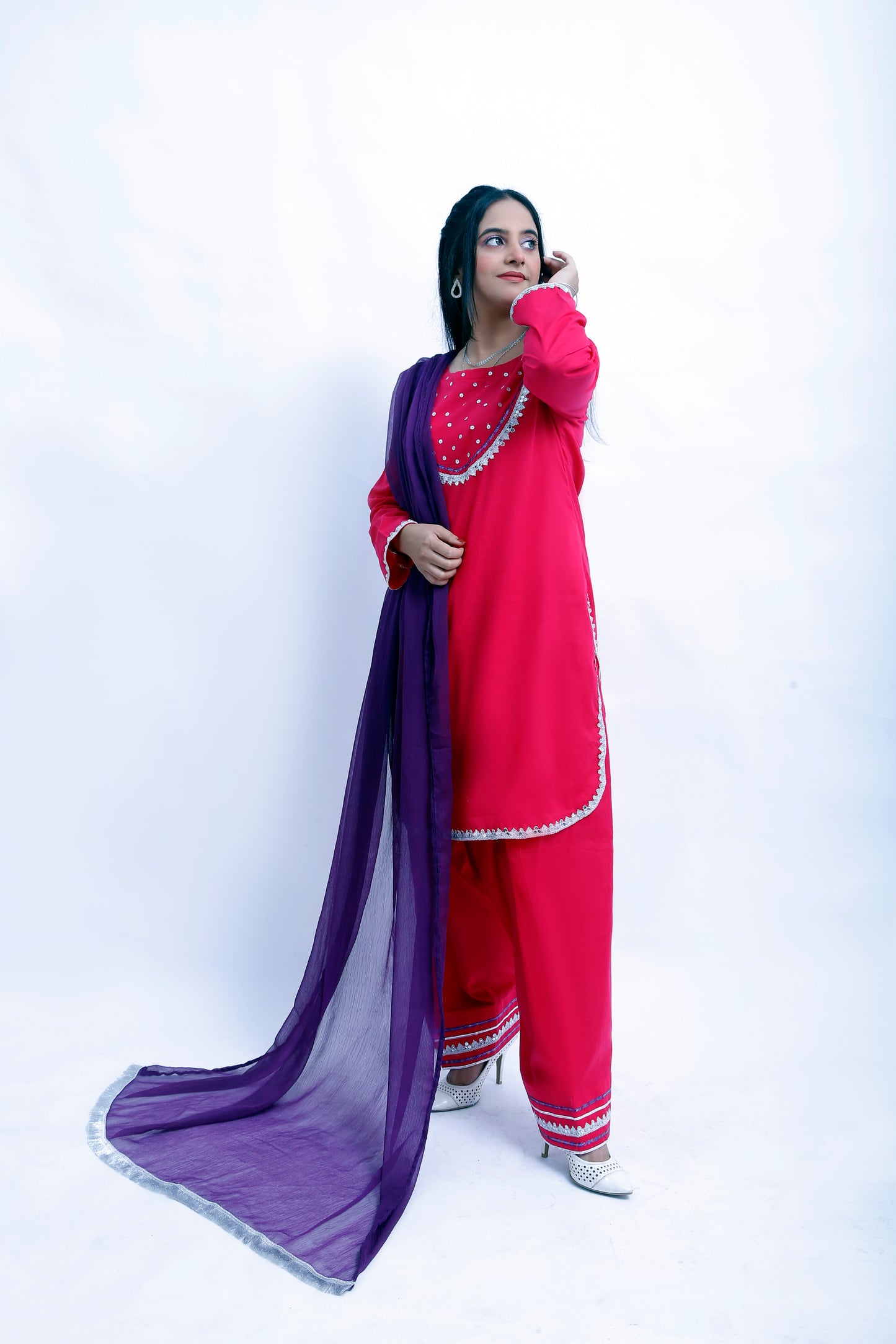 3 piece Elegant Shocking Pink Cotton Plazo Suit with Silver & Purple Laces & Purple Chiffon Dupatta. (Stitch)