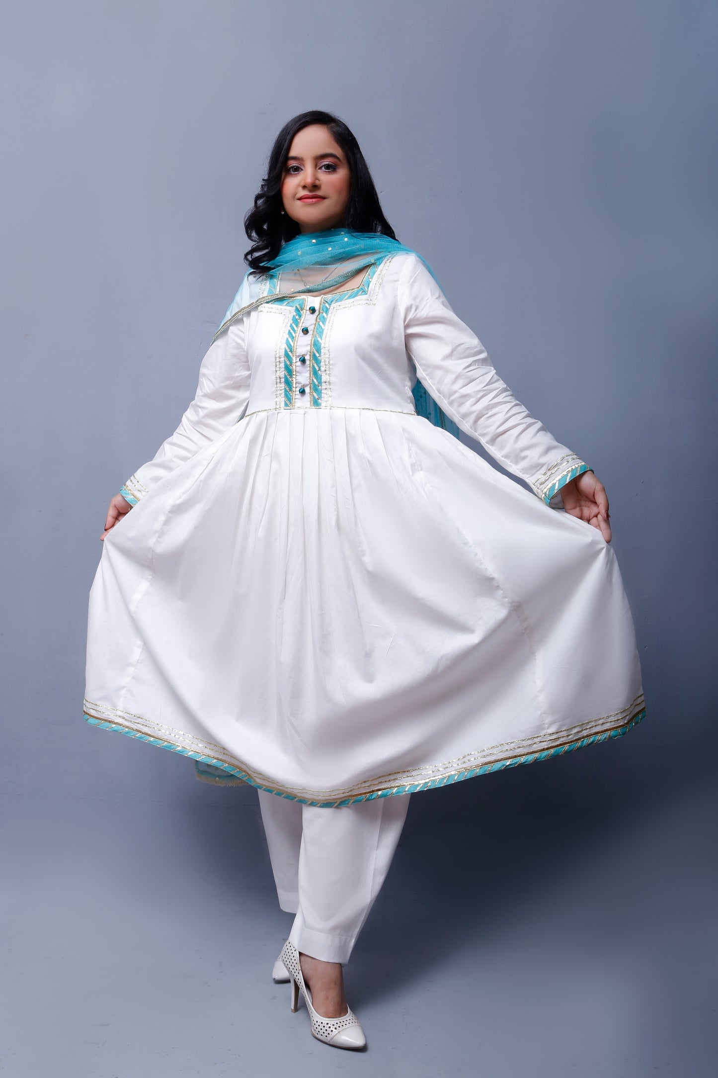 3 piece beautiful White Frock Cotton Suit with Cyan(Aqua Green) Laces & Cyan(Aqua Green) Chan net Dupatta (Stitch).