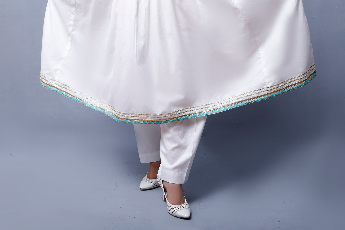 3 piece beautiful White Frock Cotton Suit with Cyan(Aqua Green) Laces & Cyan(Aqua Green) Chan net Dupatta (Stitch).