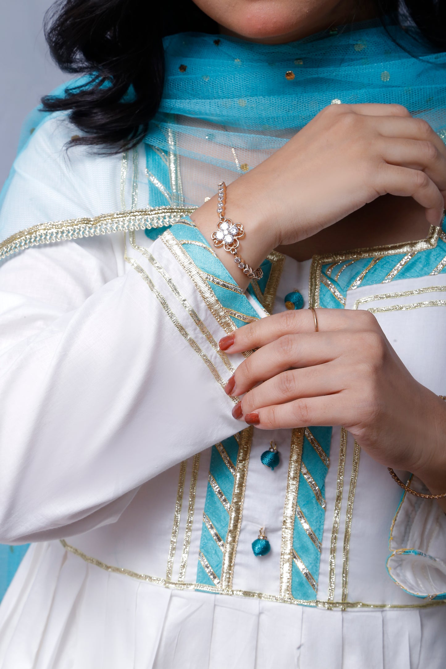 3 piece beautiful White Frock Cotton Suit with Cyan(Aqua Green) Laces & Cyan(Aqua Green) Chan net Dupatta (Stitch).