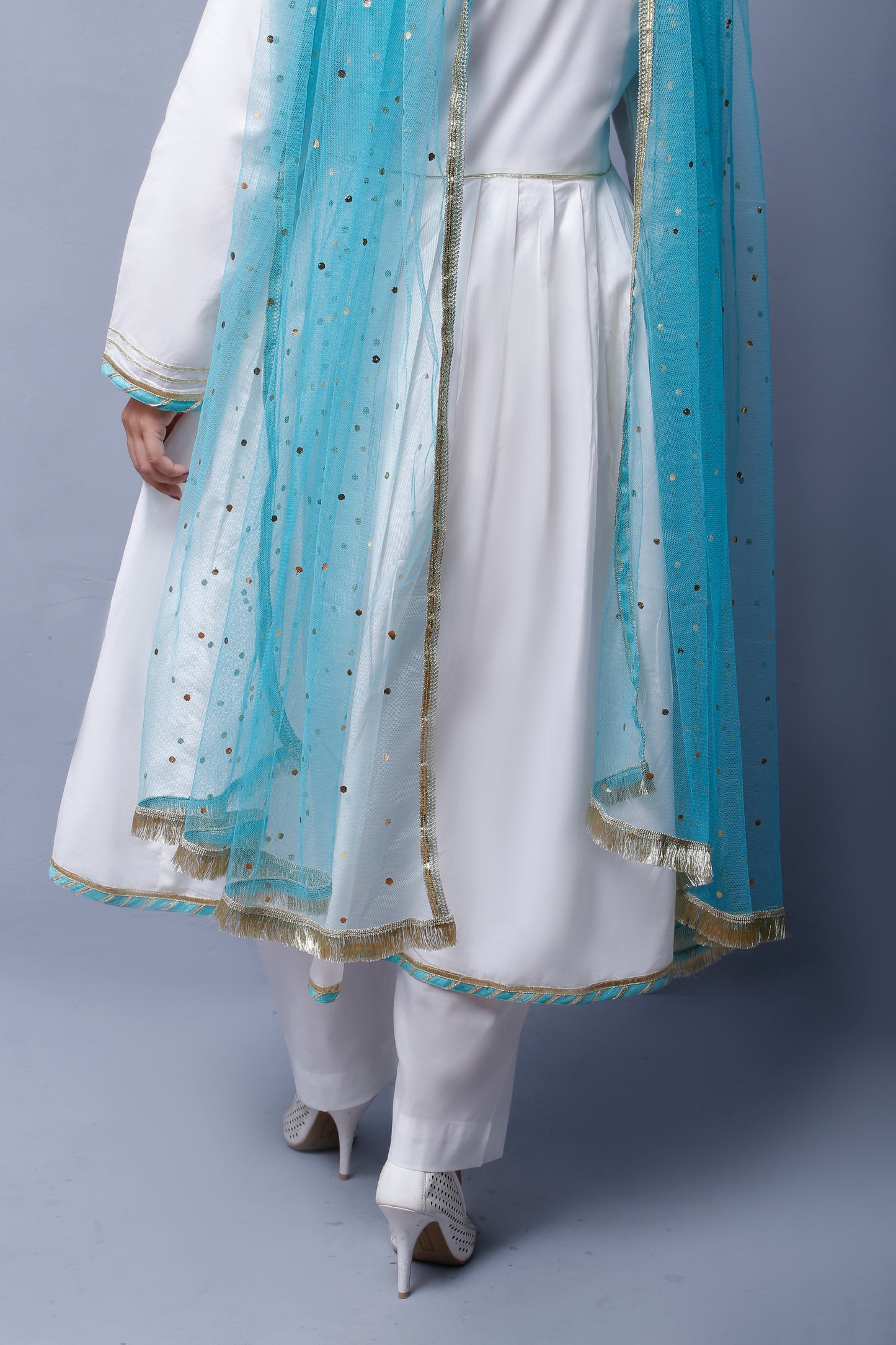 3 piece beautiful White Frock Cotton Suit with Cyan(Aqua Green) Laces & Cyan(Aqua Green) Chan net Dupatta (Stitch).