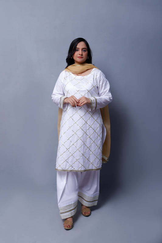 3 piece Elegant White Cotton Plazo Shalwar Kameez Suit with Golden Laces & Golden Chiffon Dupatta.(Stitch)