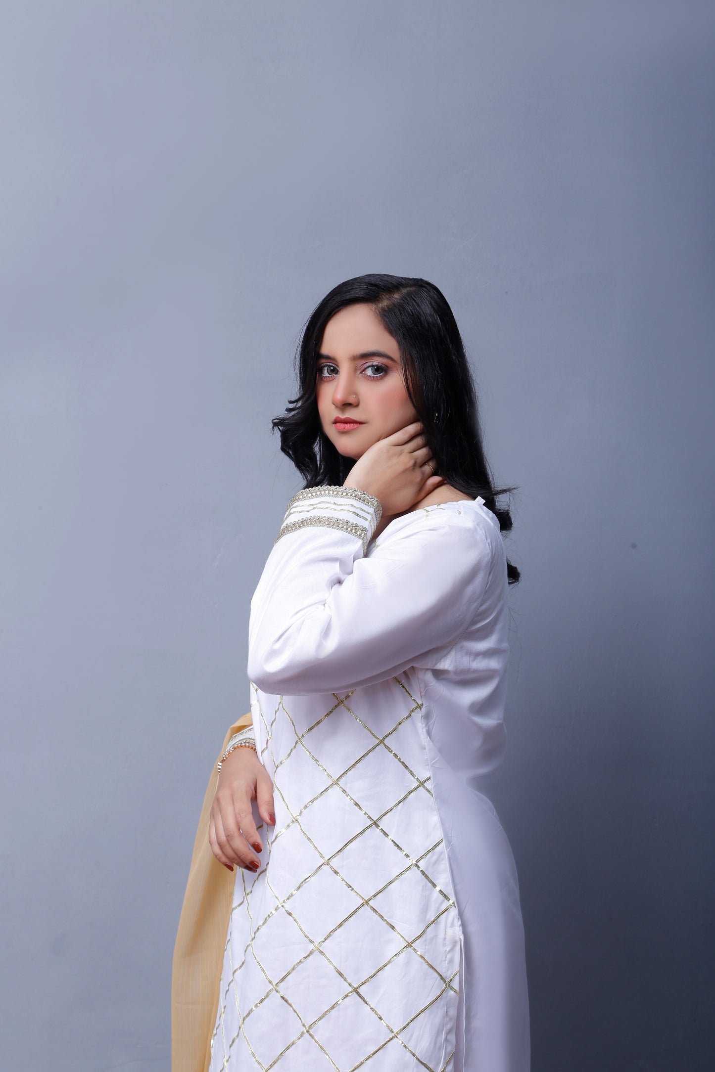 3 piece Elegant White Cotton Plazo Shalwar Kameez Suit with Golden Laces & Golden Chiffon Dupatta.(Stitch)