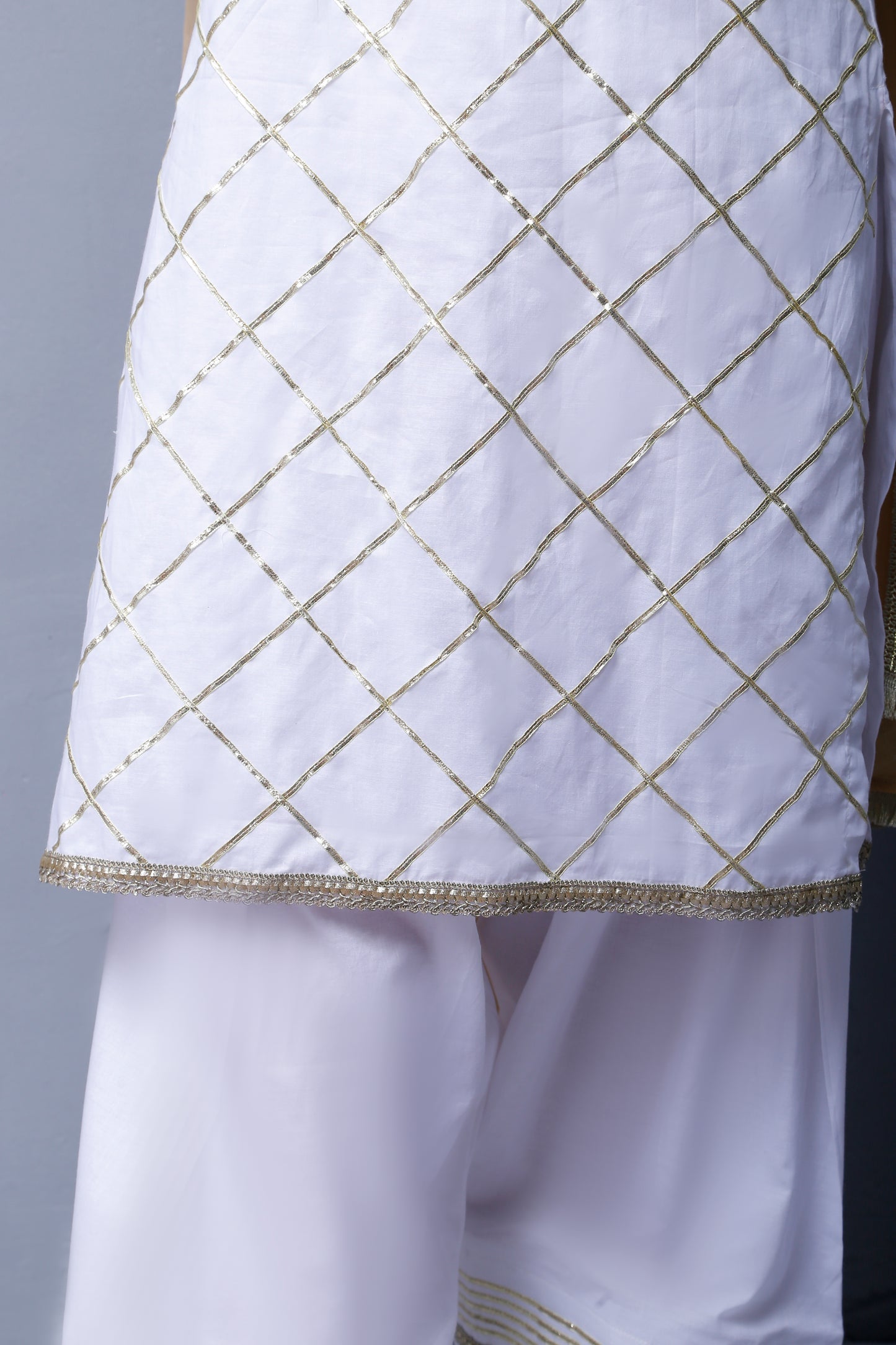 3 piece Elegant White Cotton Plazo Shalwar Kameez Suit with Golden Laces & Golden Chiffon Dupatta.(Stitch)