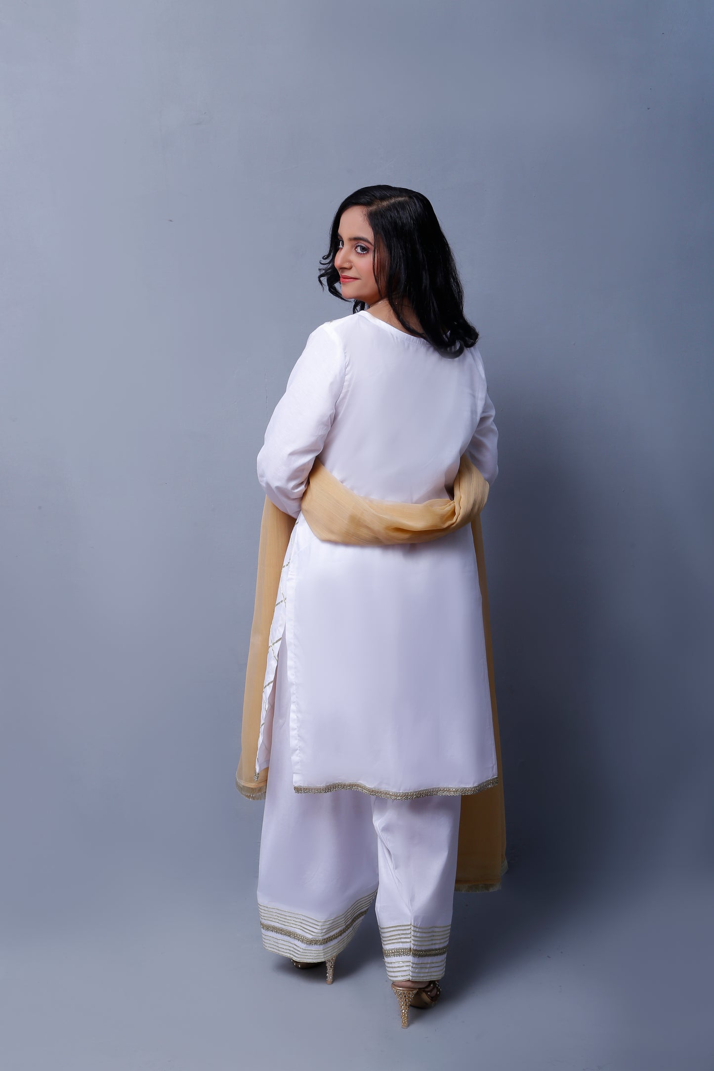 3 piece Elegant White Cotton Plazo Shalwar Kameez Suit with Golden Laces & Golden Chiffon Dupatta.(Stitch)