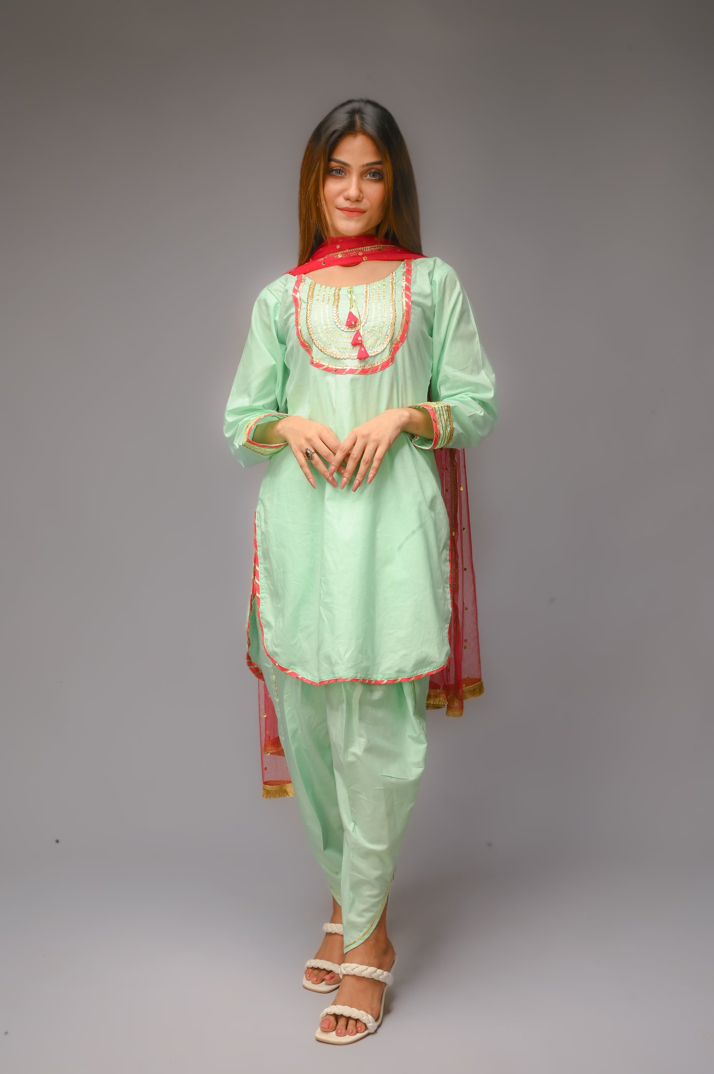 3 piece Aqua Green(Cyan) Cotton Tulip Suit with Carrot Pink net Dupatta & Golden Laces.(Stitch)