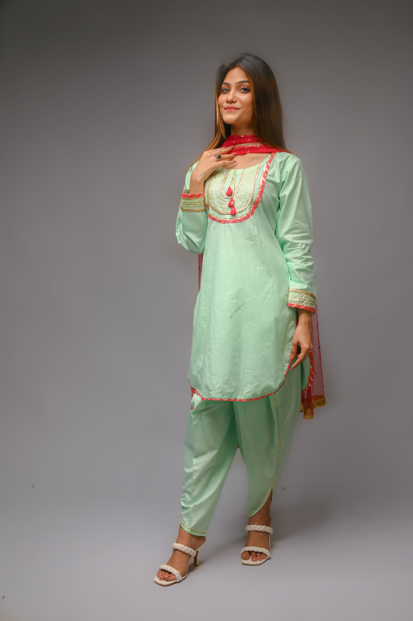 3 piece Aqua Green(Cyan) Cotton Tulip Suit with Carrot Pink net Dupatta & Golden Laces.(Stitch)