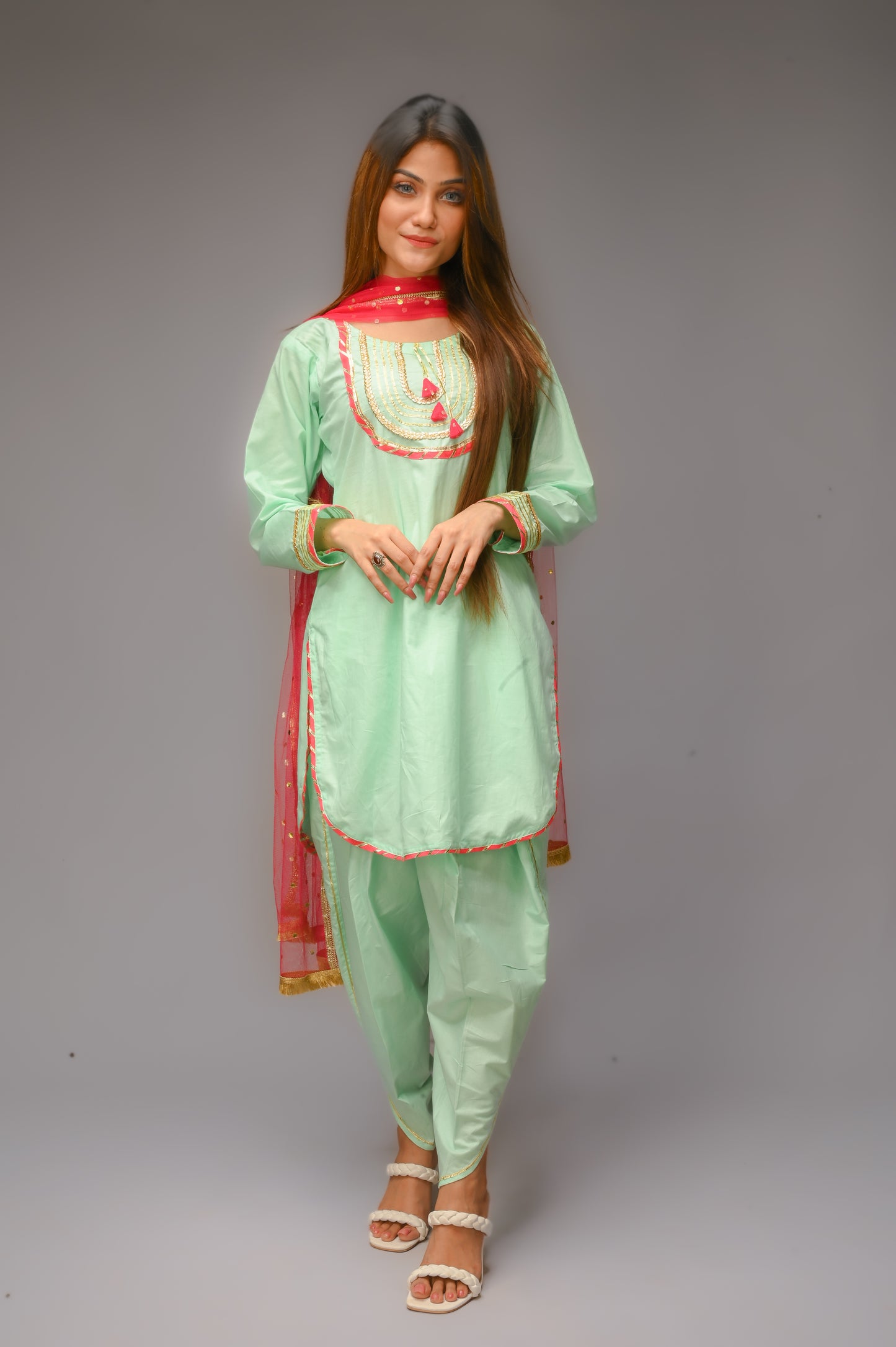 3 piece Aqua Green(Cyan) Cotton Tulip Suit with Carrot Pink net Dupatta & Golden Laces.(Stitch)