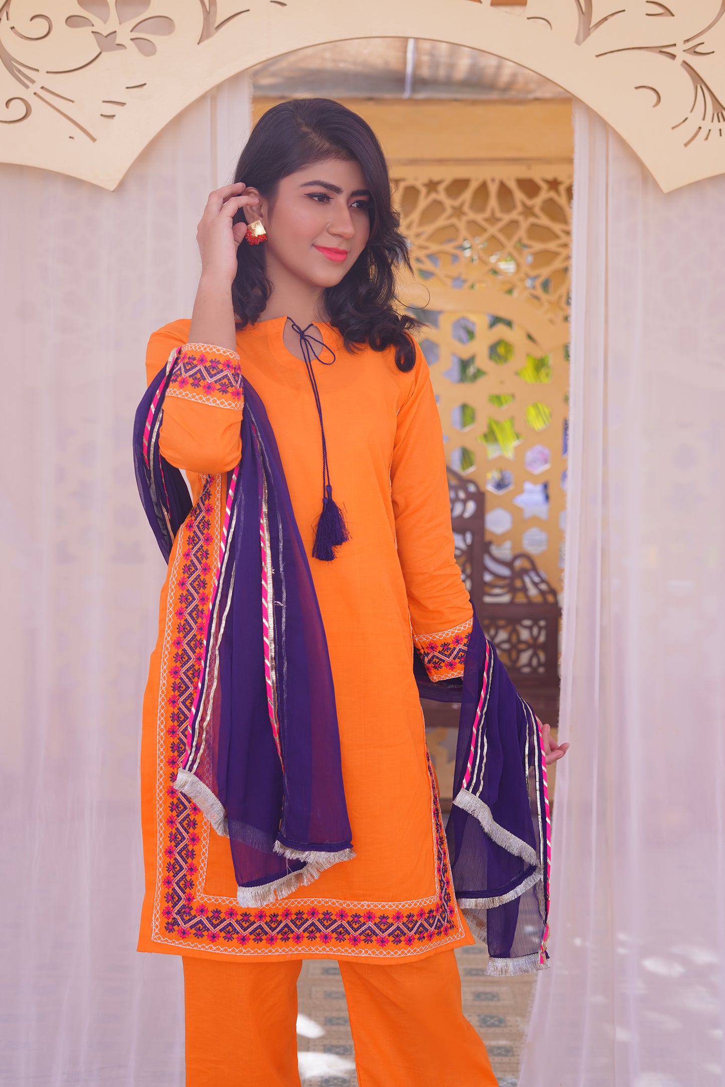 3 piece Orange Embroidered Cotton Palazzo Suit with Navy Blue Chiffon Dupatta & Laces.(Stitch).