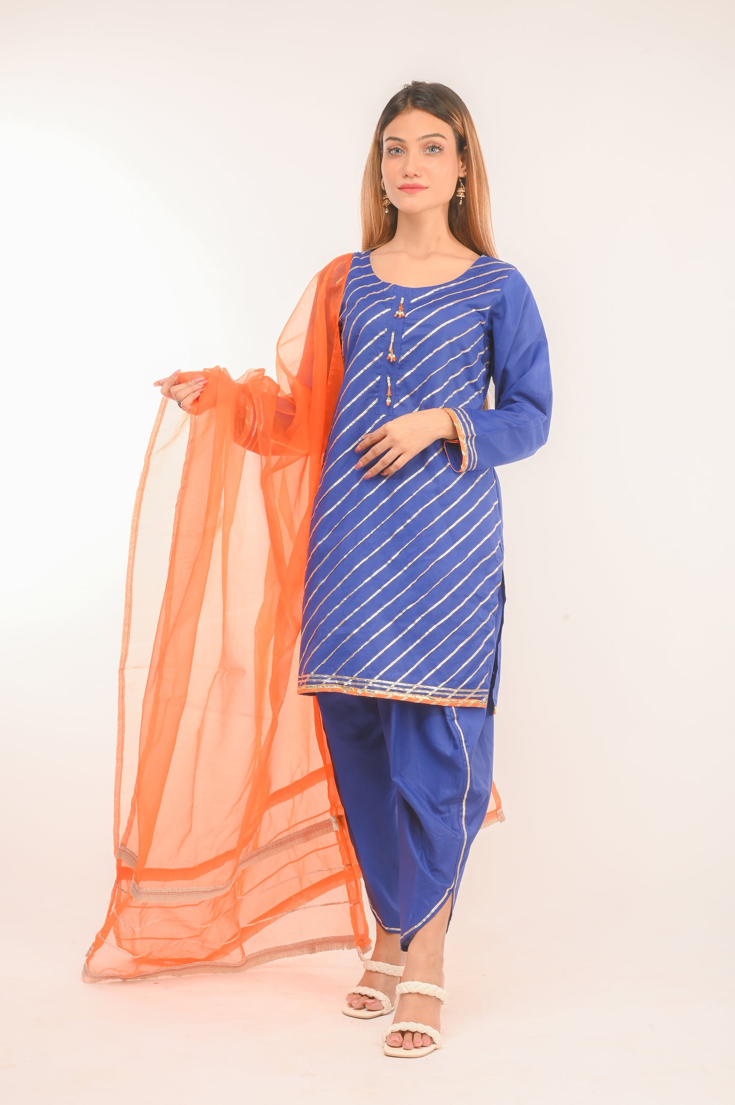 3 piece Royal Blue Cotton Tulip Suit with Orange net Dupatta & Laces.(Stitch).