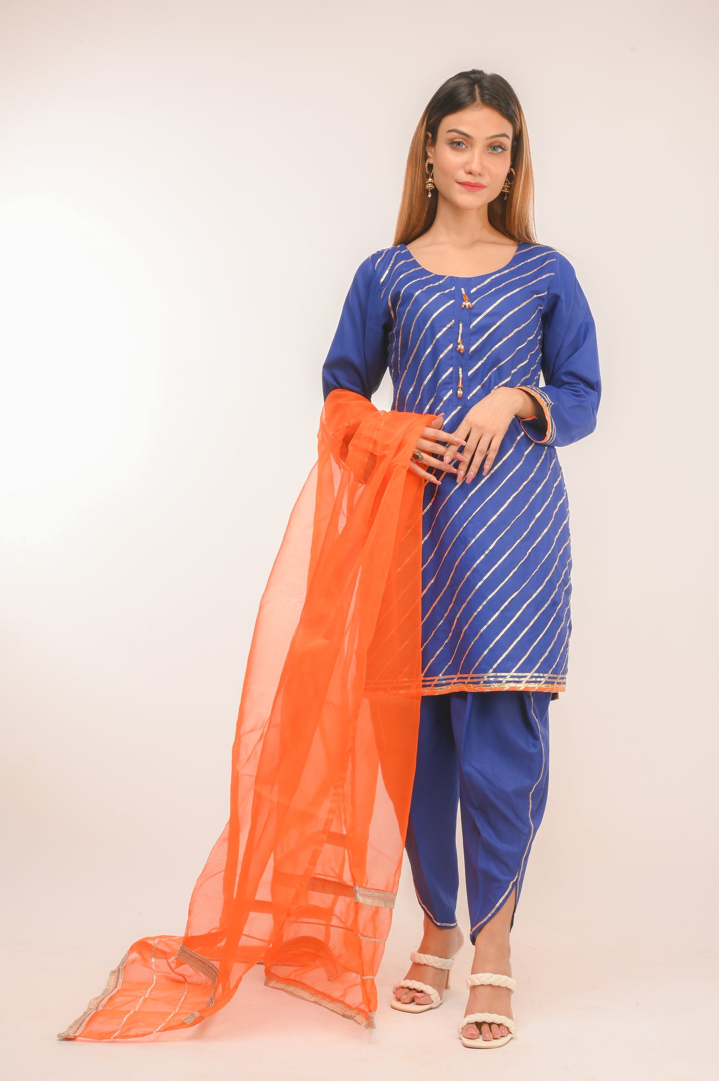 3 piece Royal Blue Cotton Tulip Suit with Orange net Dupatta & Laces.(Stitch).
