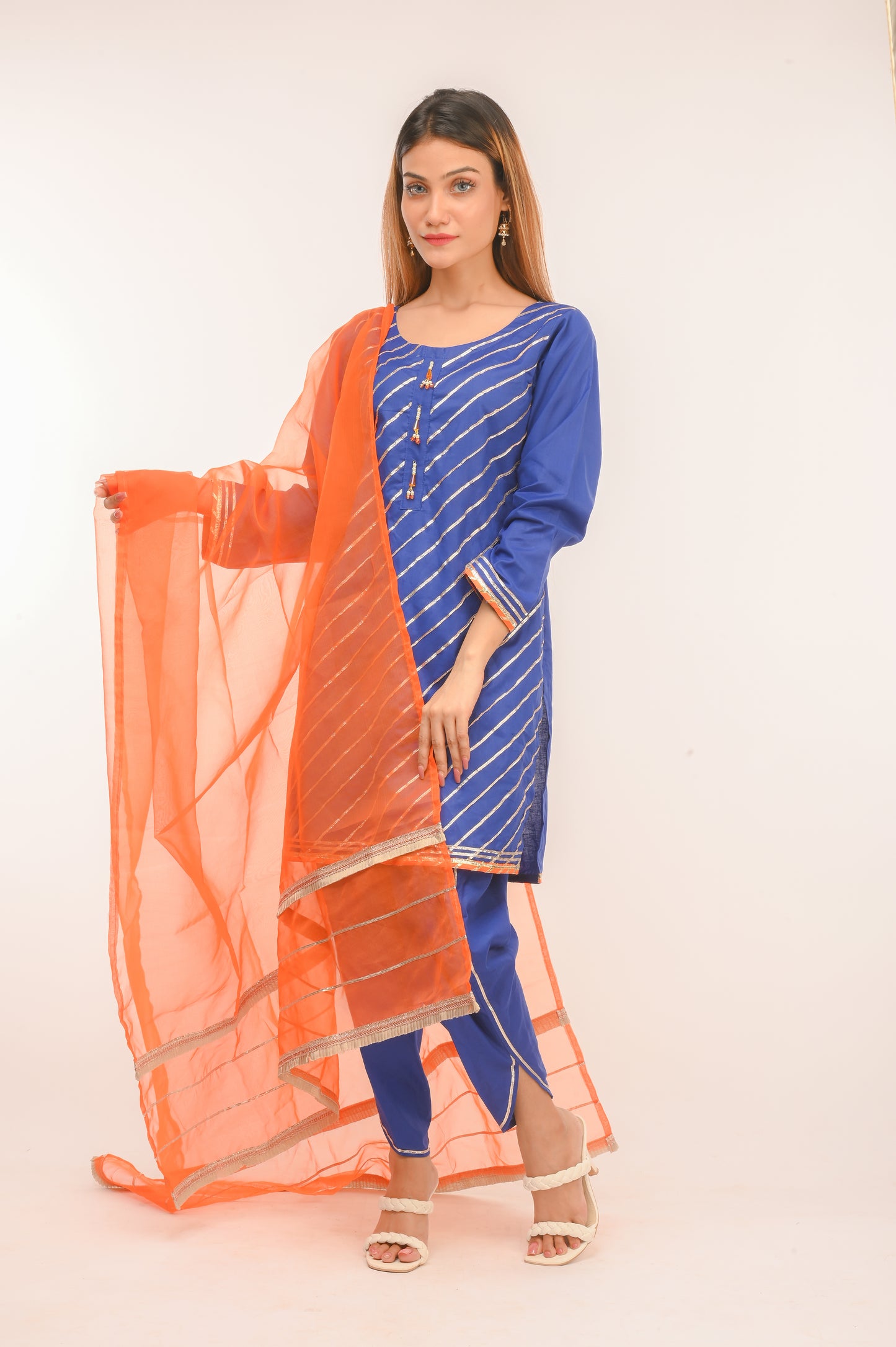 3 piece Royal Blue Cotton Tulip Suit with Orange net Dupatta & Laces.(Stitch).