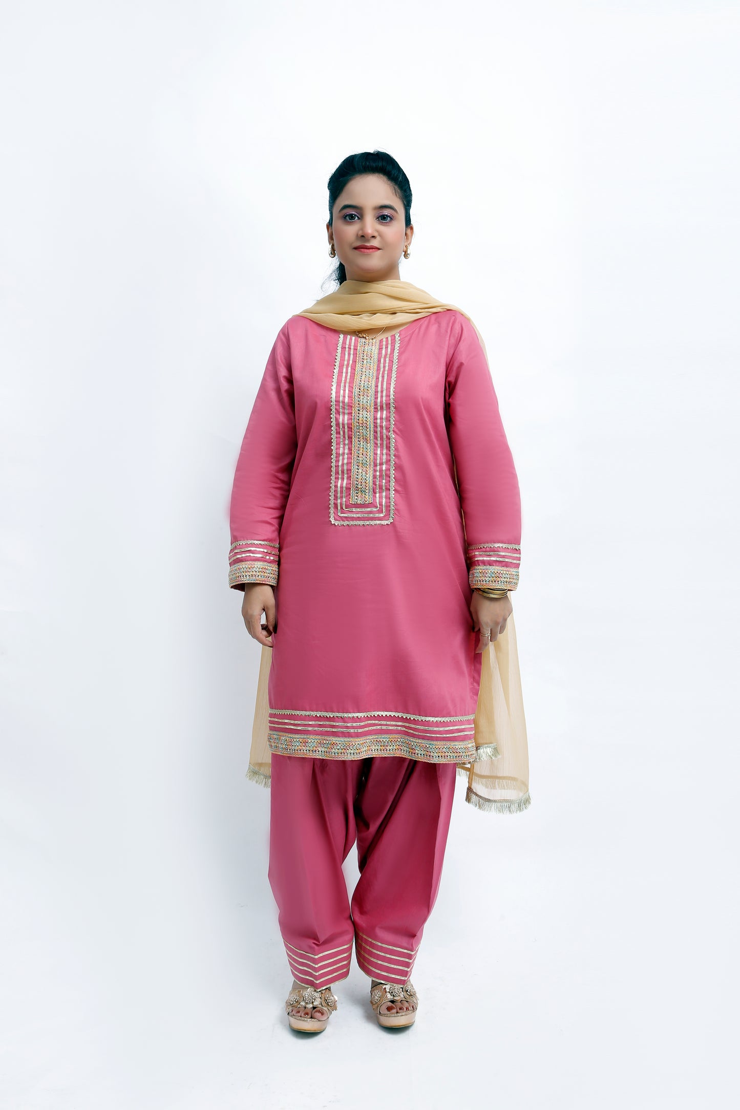 3 piece T-Pink Cotton Plazo Suit with Multicolor & Golden Laces & Golden Chiffon Dupatta. (Stitch)
